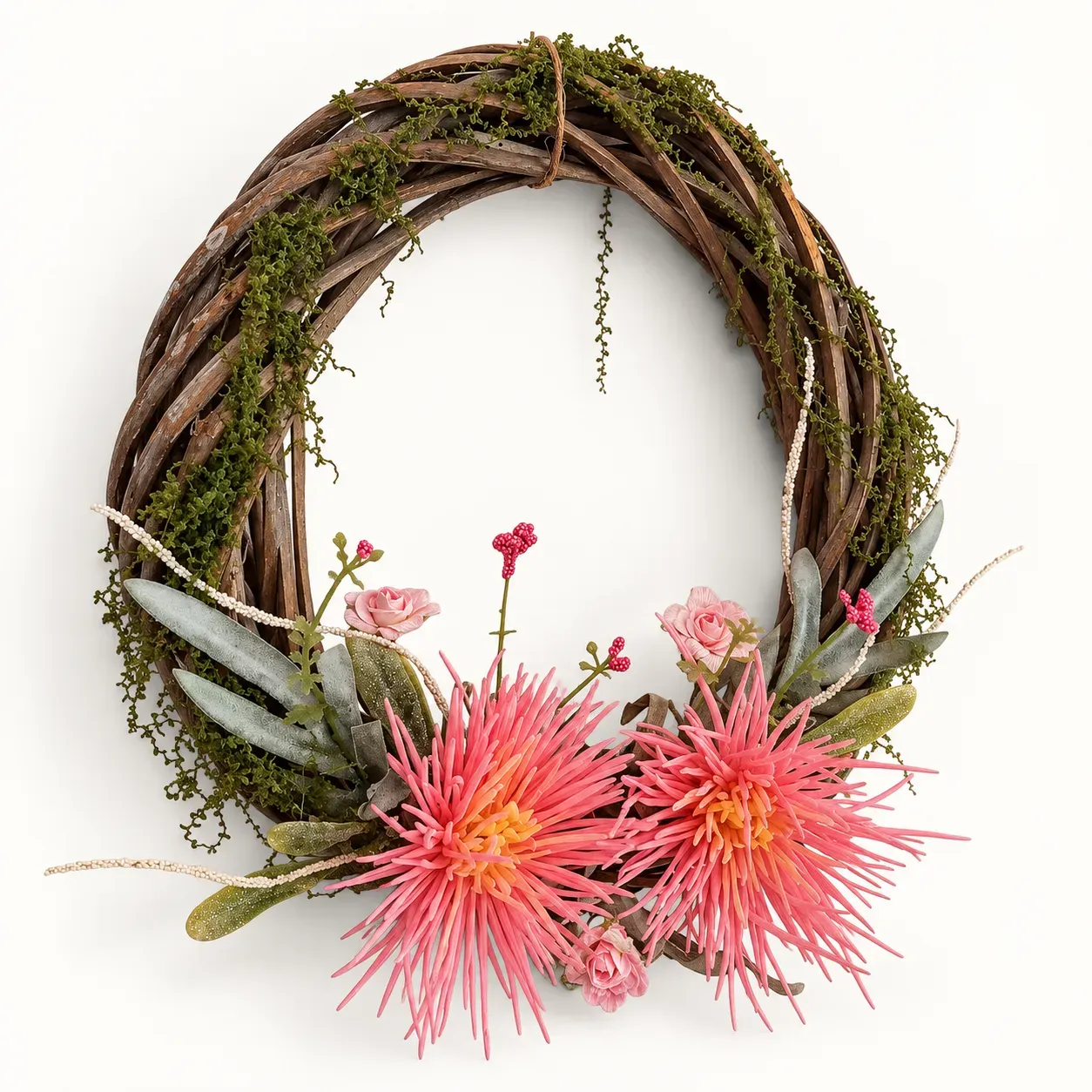 Natural Twig Wreath with Two Pink Flowers