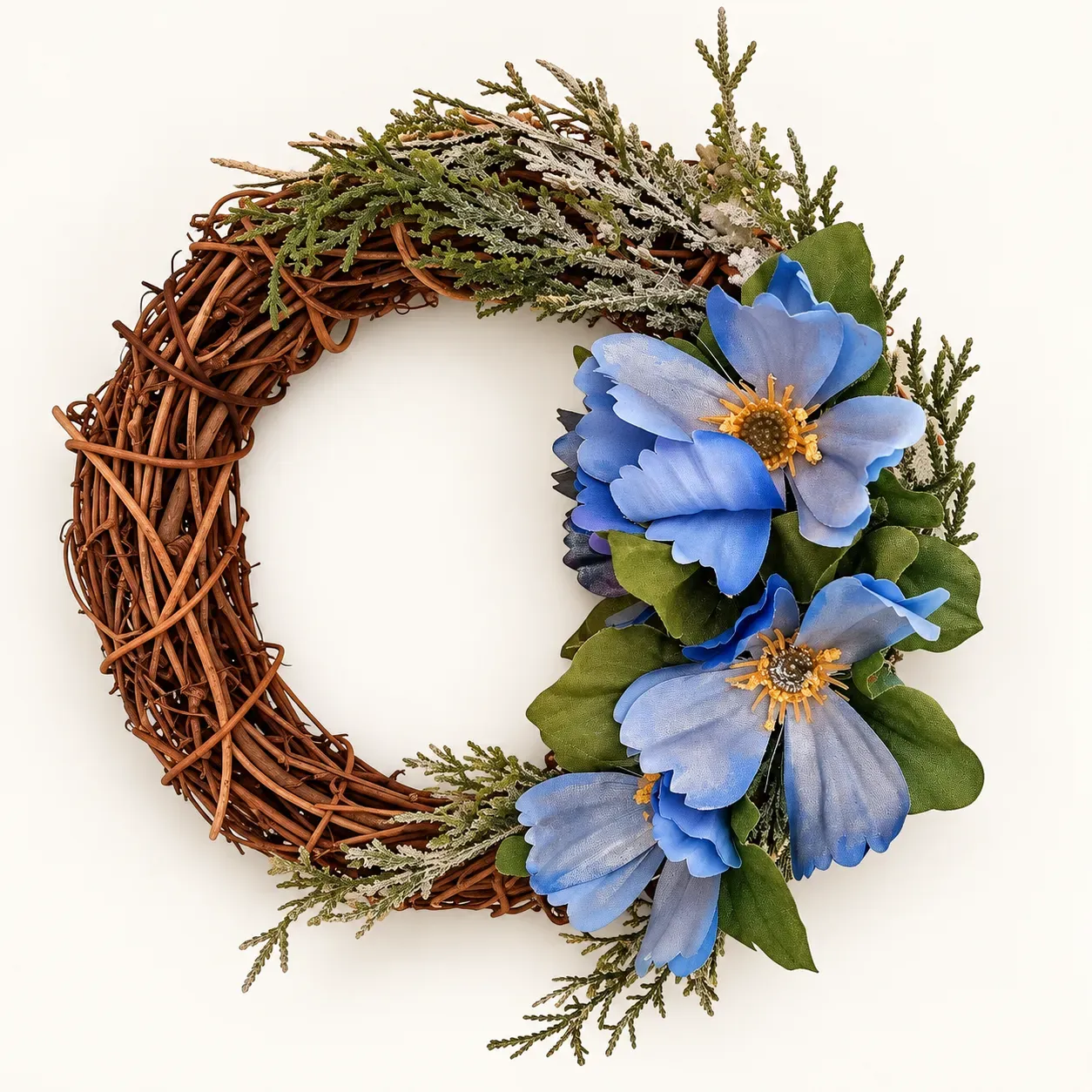 Handmade Blue Floral Natural Twig Wreath