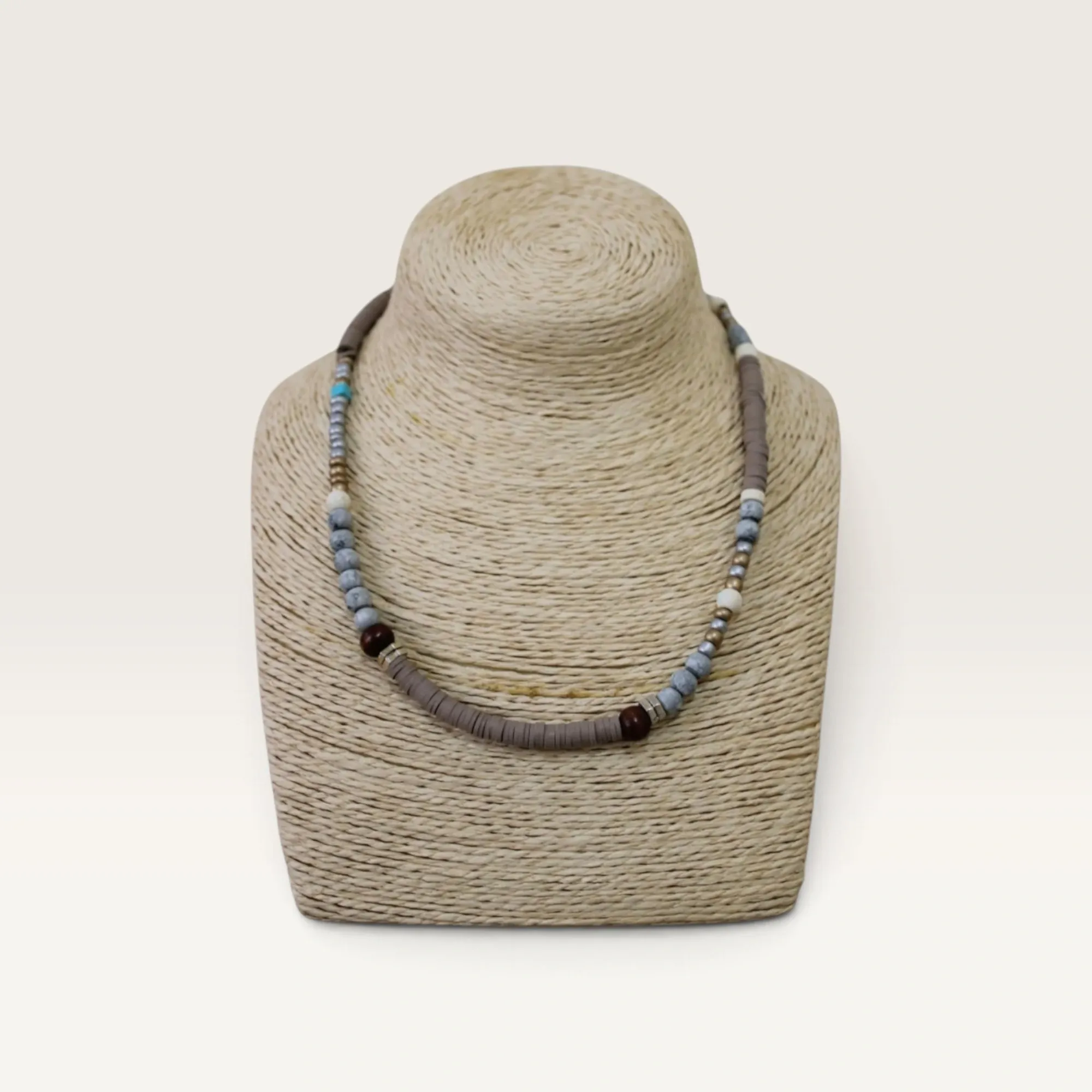 Blue Grey and Brown Beaded Handmade Necklace with Adjustable Fit