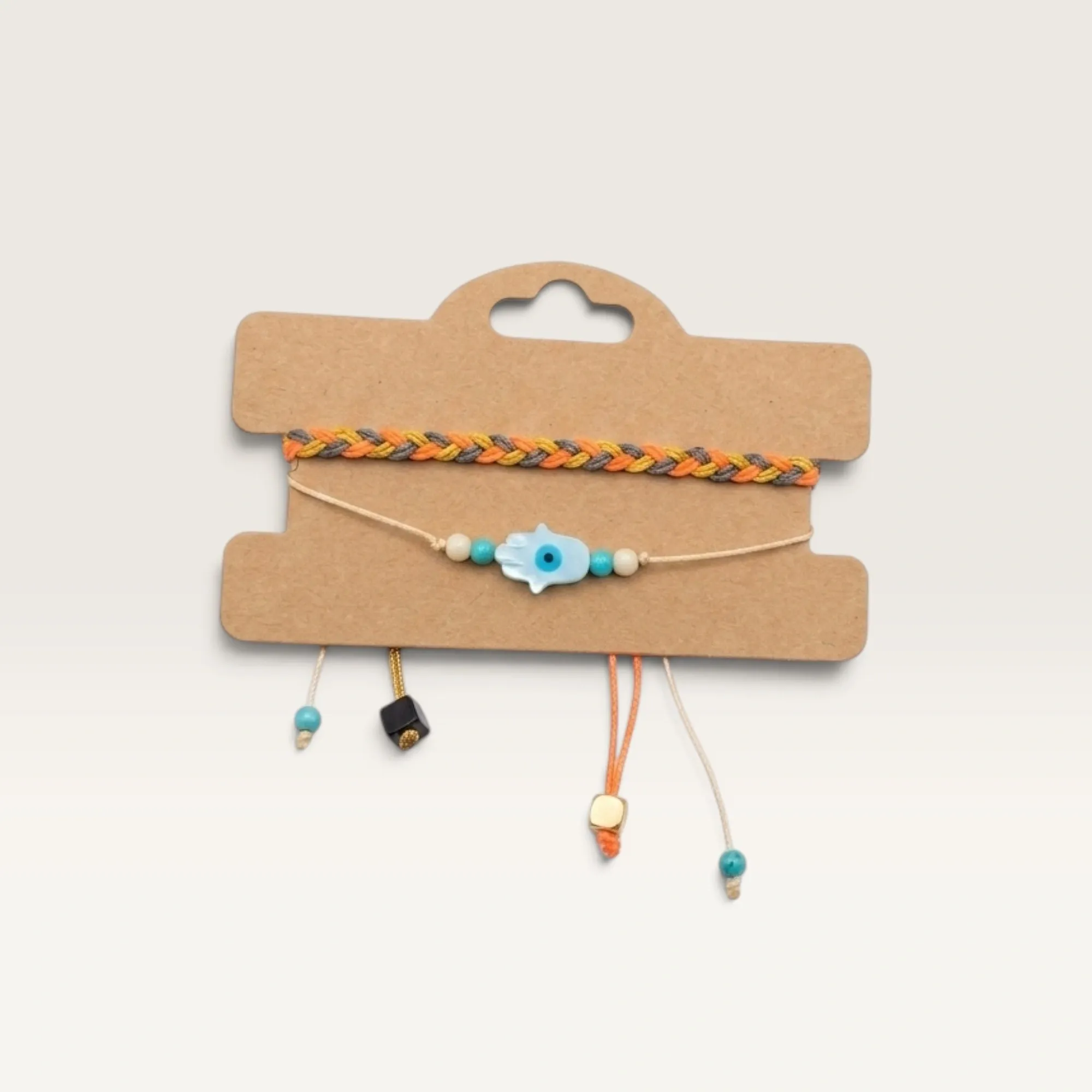 Orange Braided Bracelet Set with Blue Flower Bead