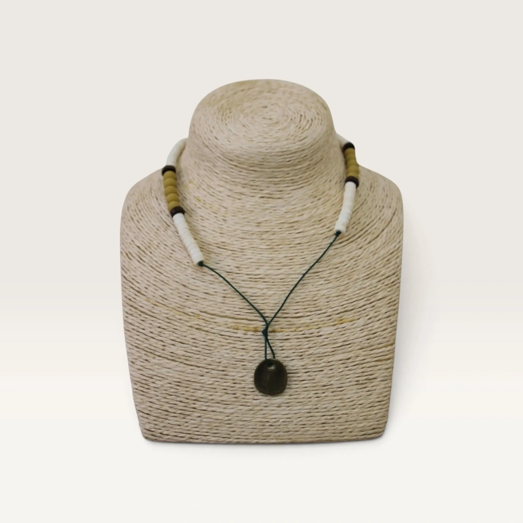 Black Cord Necklace with Earth-Tone Beads and Pendant
