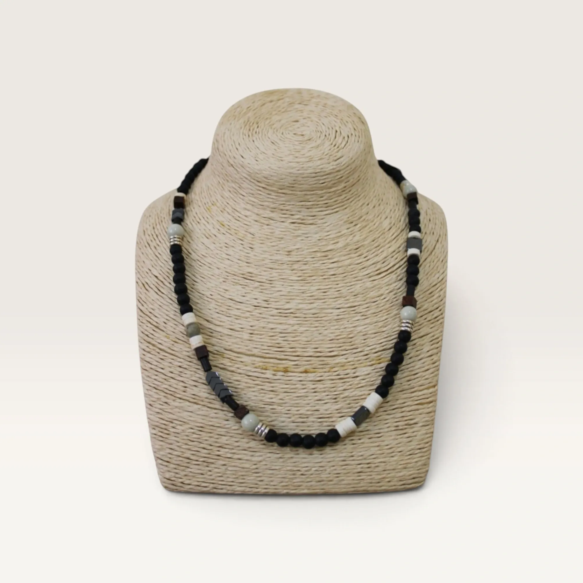 Black White and Beige Beaded Handmade Necklace with Adjustable Fit
