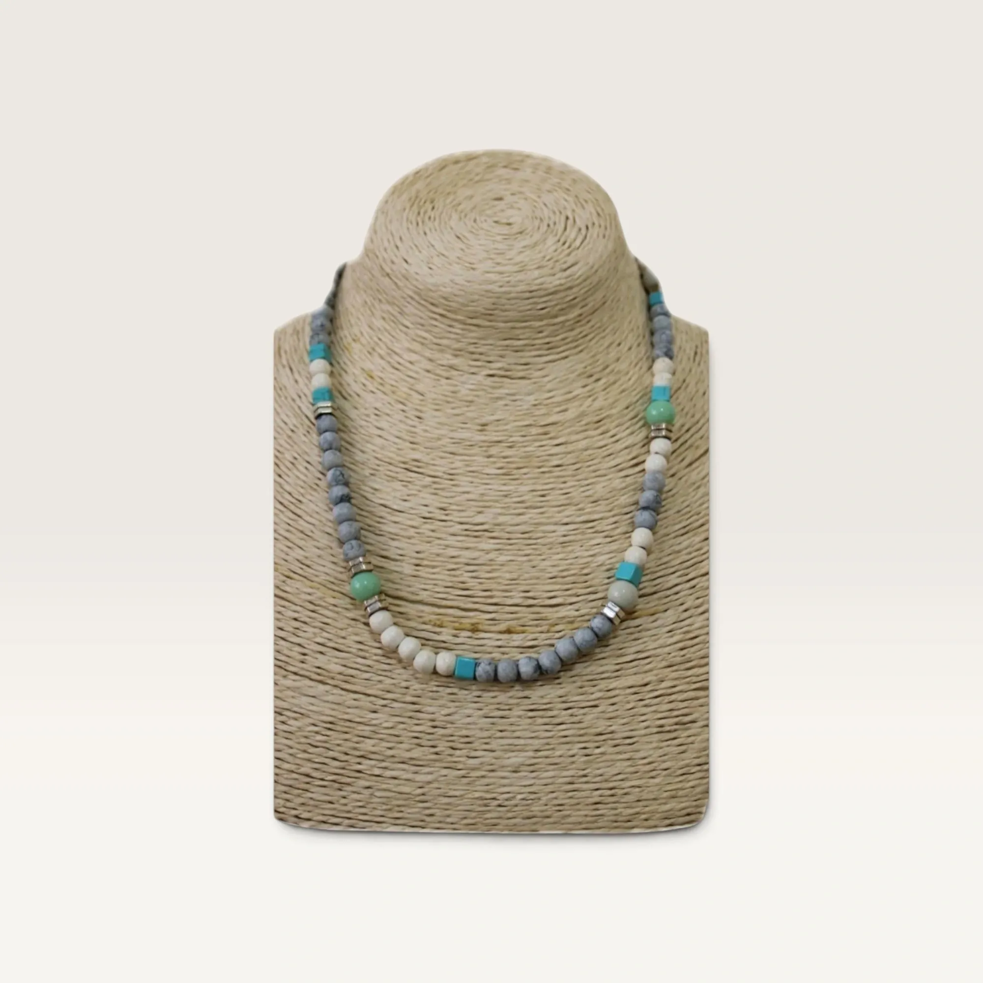 Grey White and Turquoise Beaded Handmade Necklace