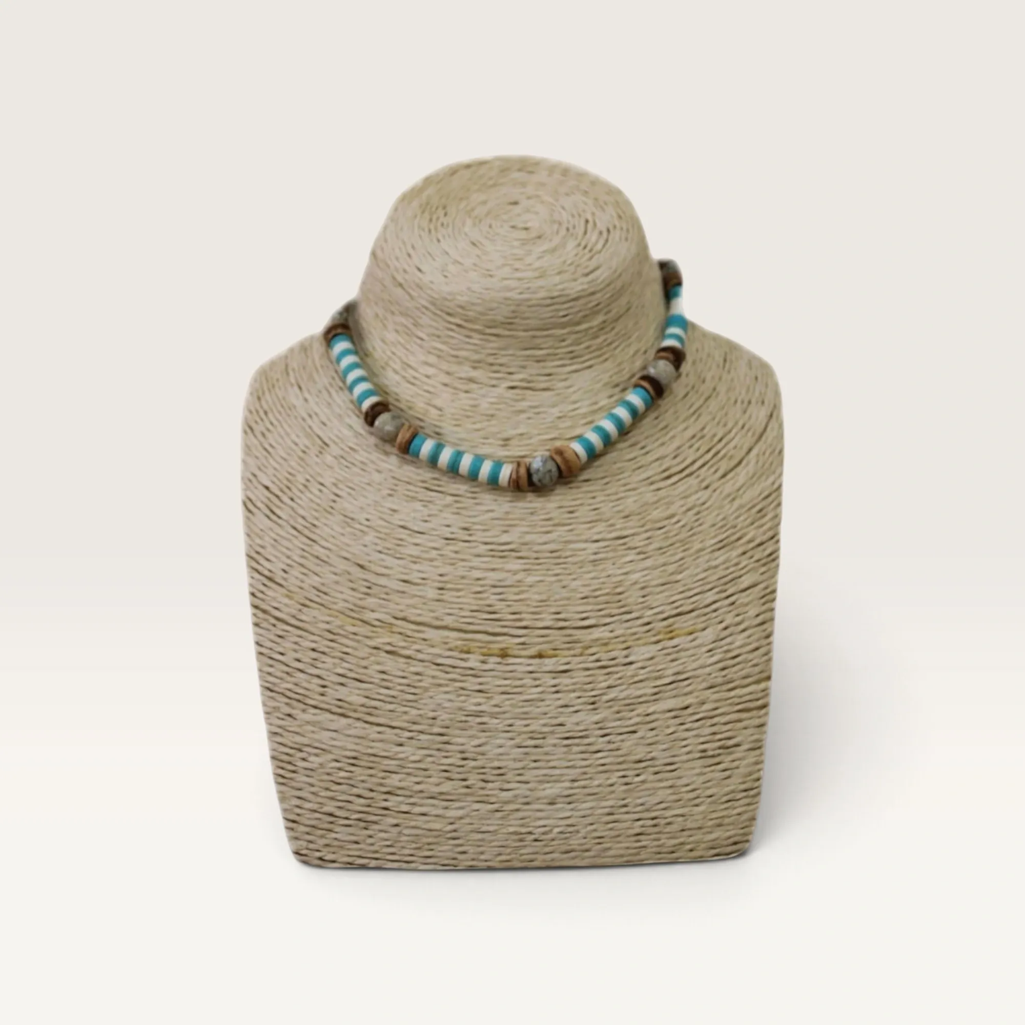 Turquoise and Natural Wood-Look Beaded Necklace Handmade and Adjustable