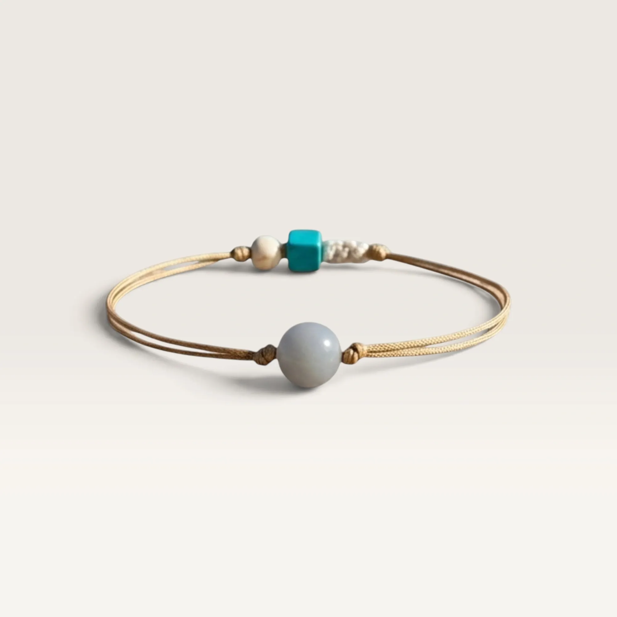 Beige Cord Bracelet with Grey Bead Accent with Adjustable Fit