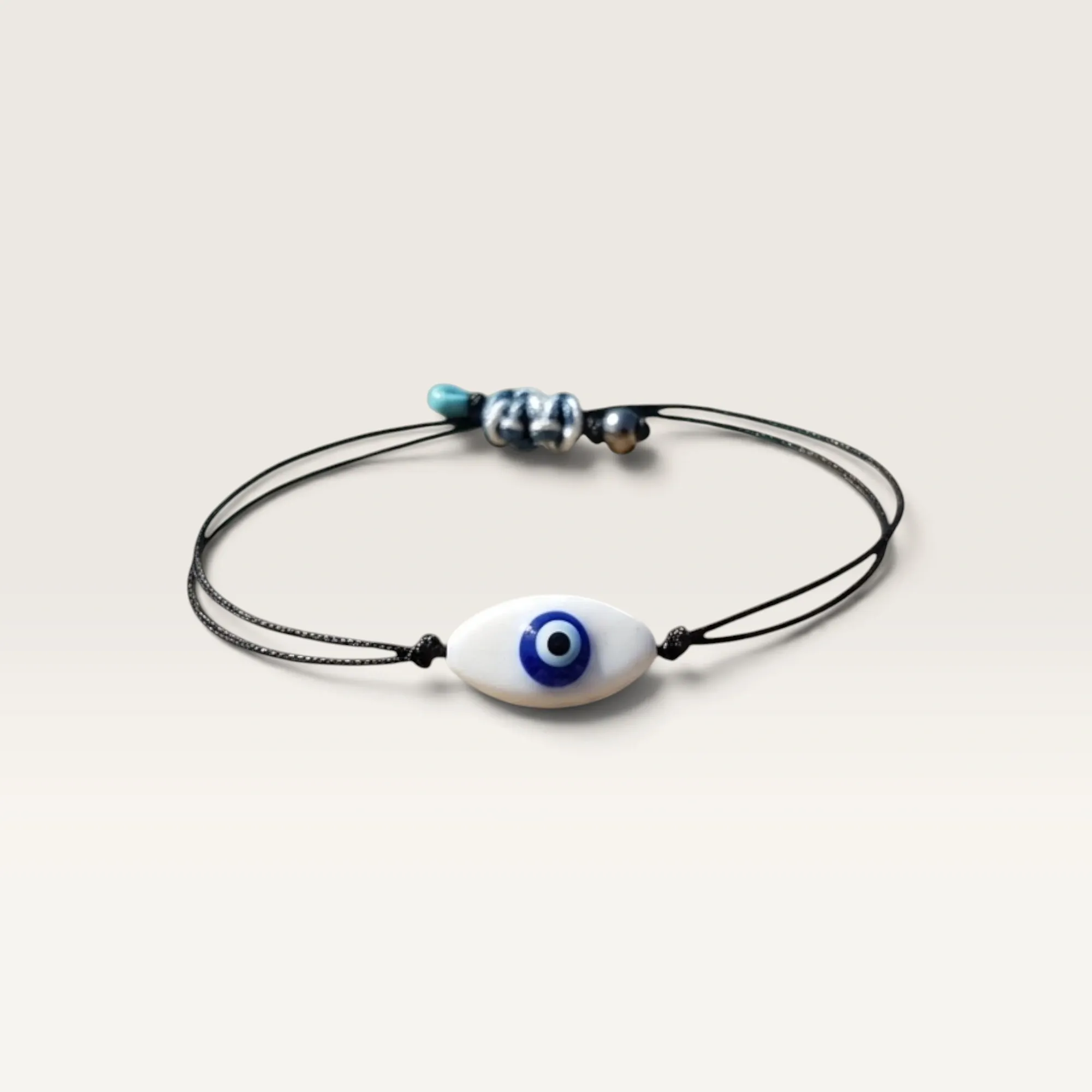 Black Cord Bracelet with Blue Evil Eye Bead Handmade and Adjustable