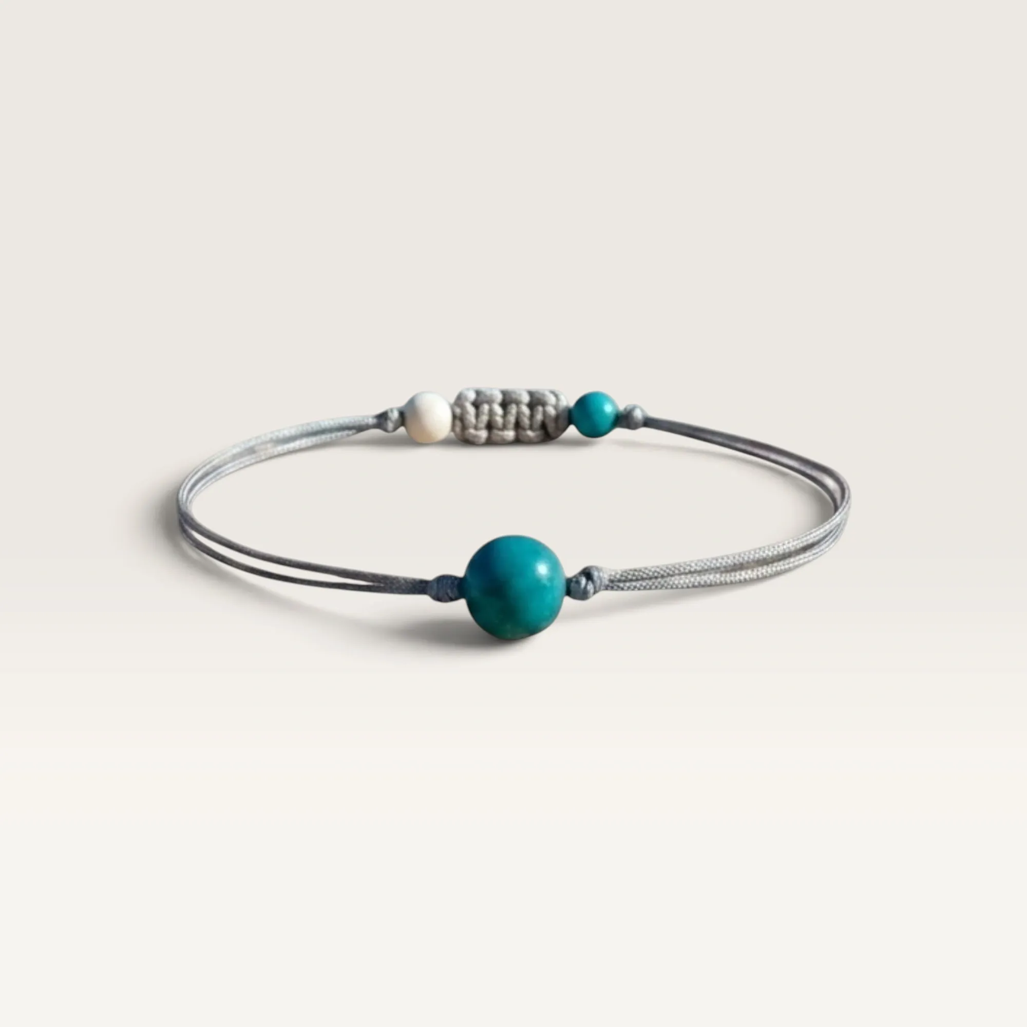 Beige Cord Bracelet with Turquoise Bead Accent Handmade and Adjustable