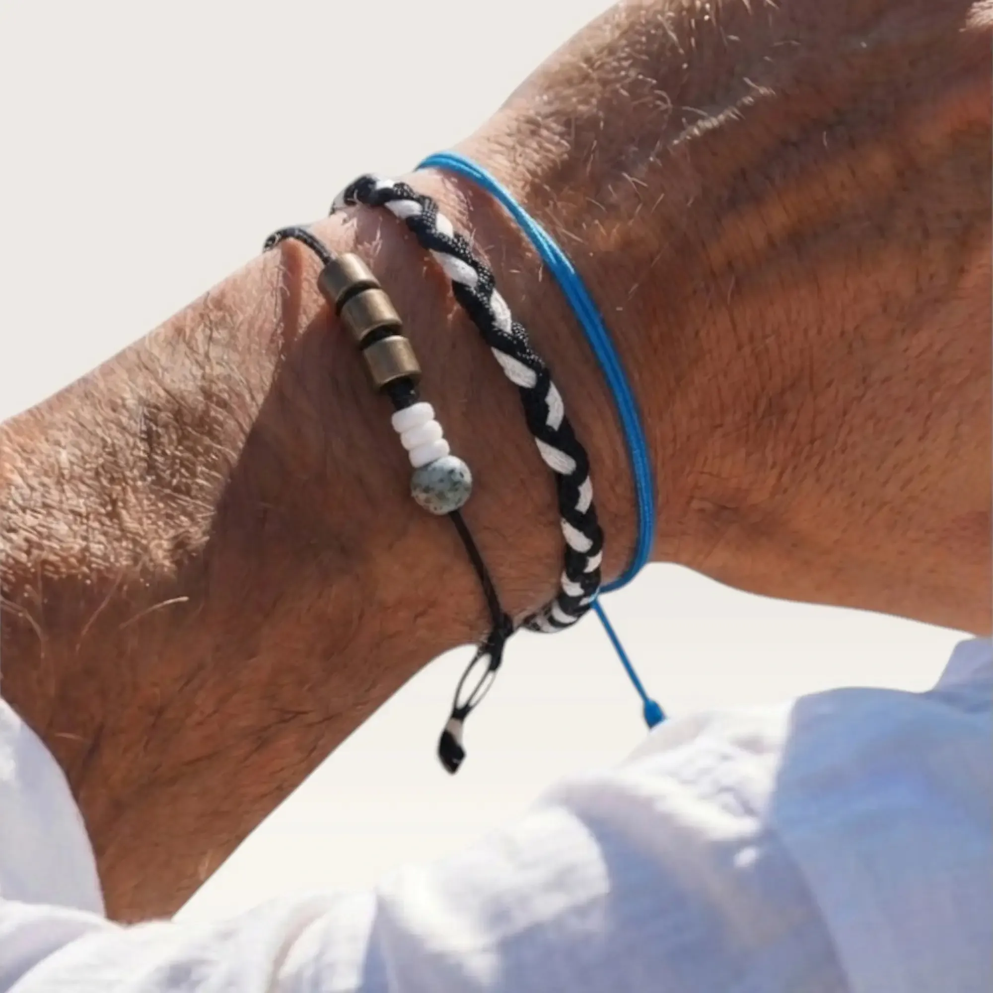 Black Blue and White Handmade Bracelet Set Handmade and Adjustable