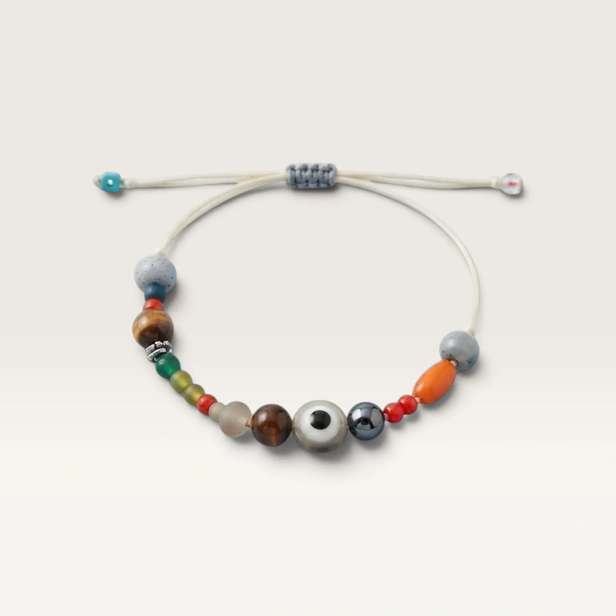 White Cord Bracelet with Multicolor Beads and Eyes
