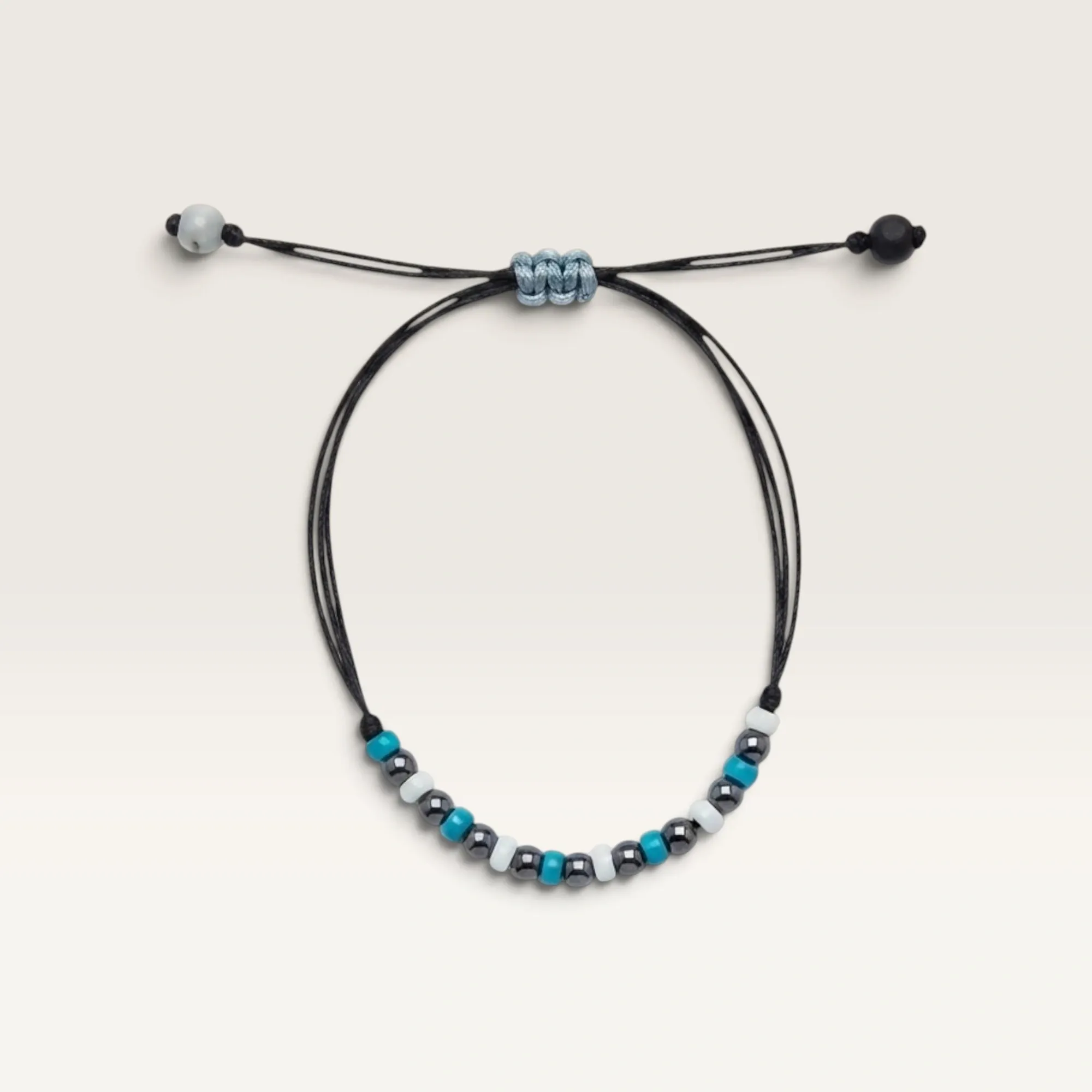 Black Cord Bracelet with Blue and Silver-Tone Beads