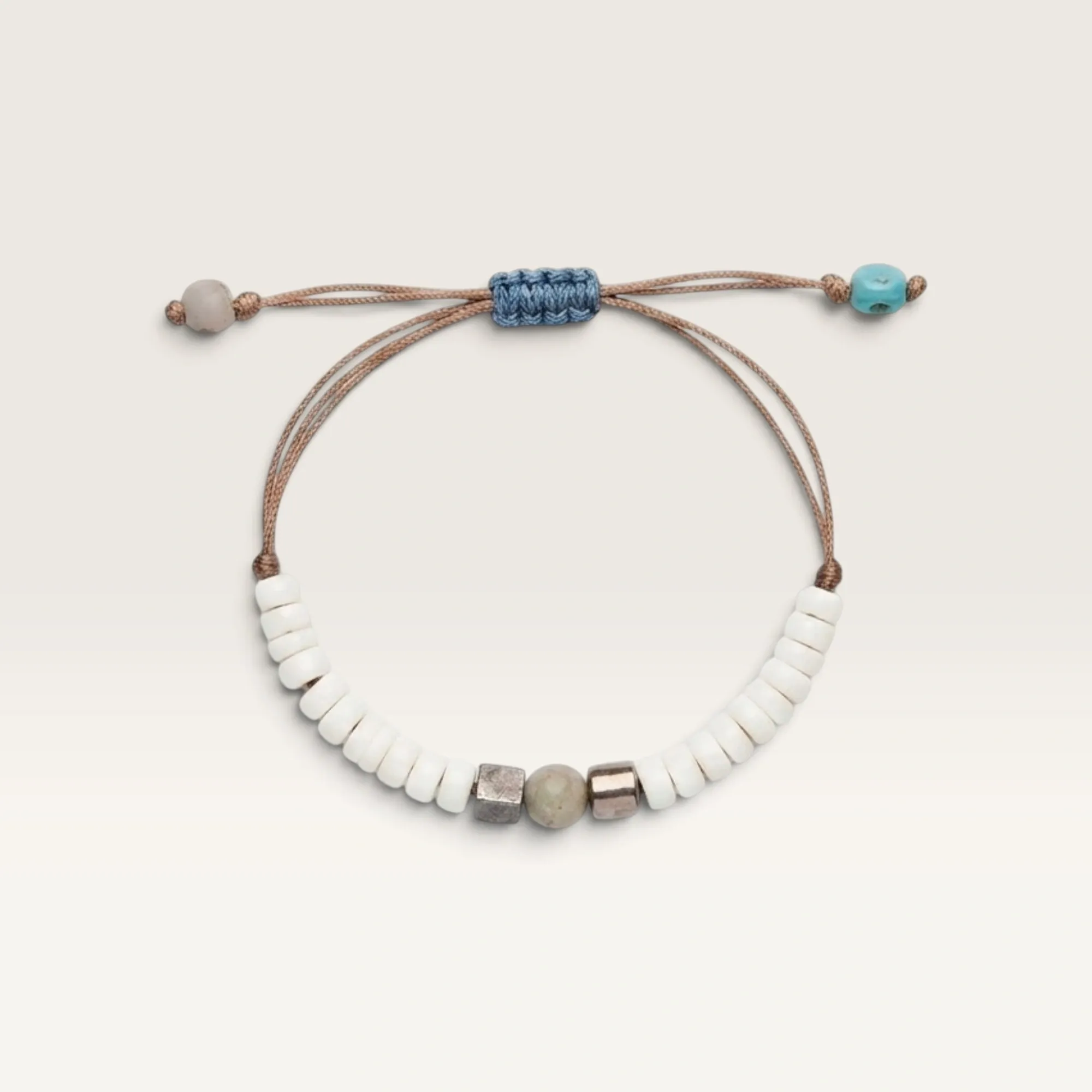 Brown Cord Bracelet with White and Silver-Tone Beads