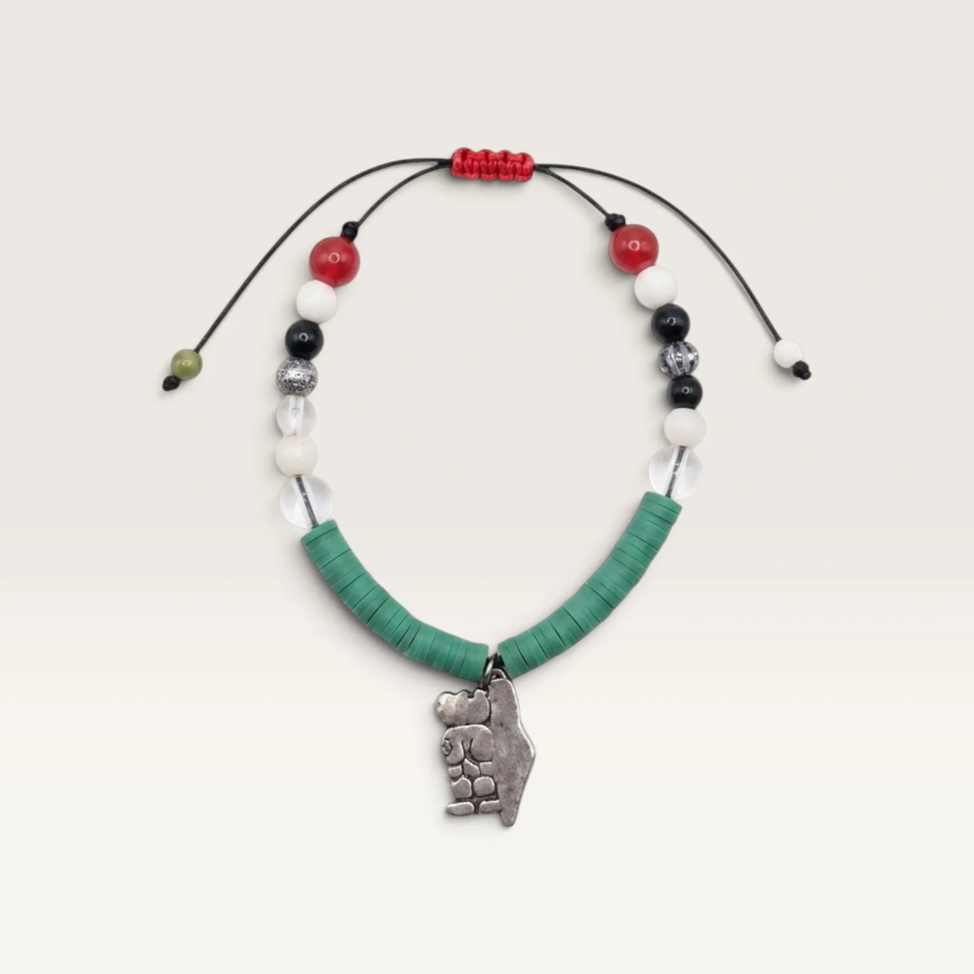 Black Cord Bracelet with Green Wrap and Hamsa Charm