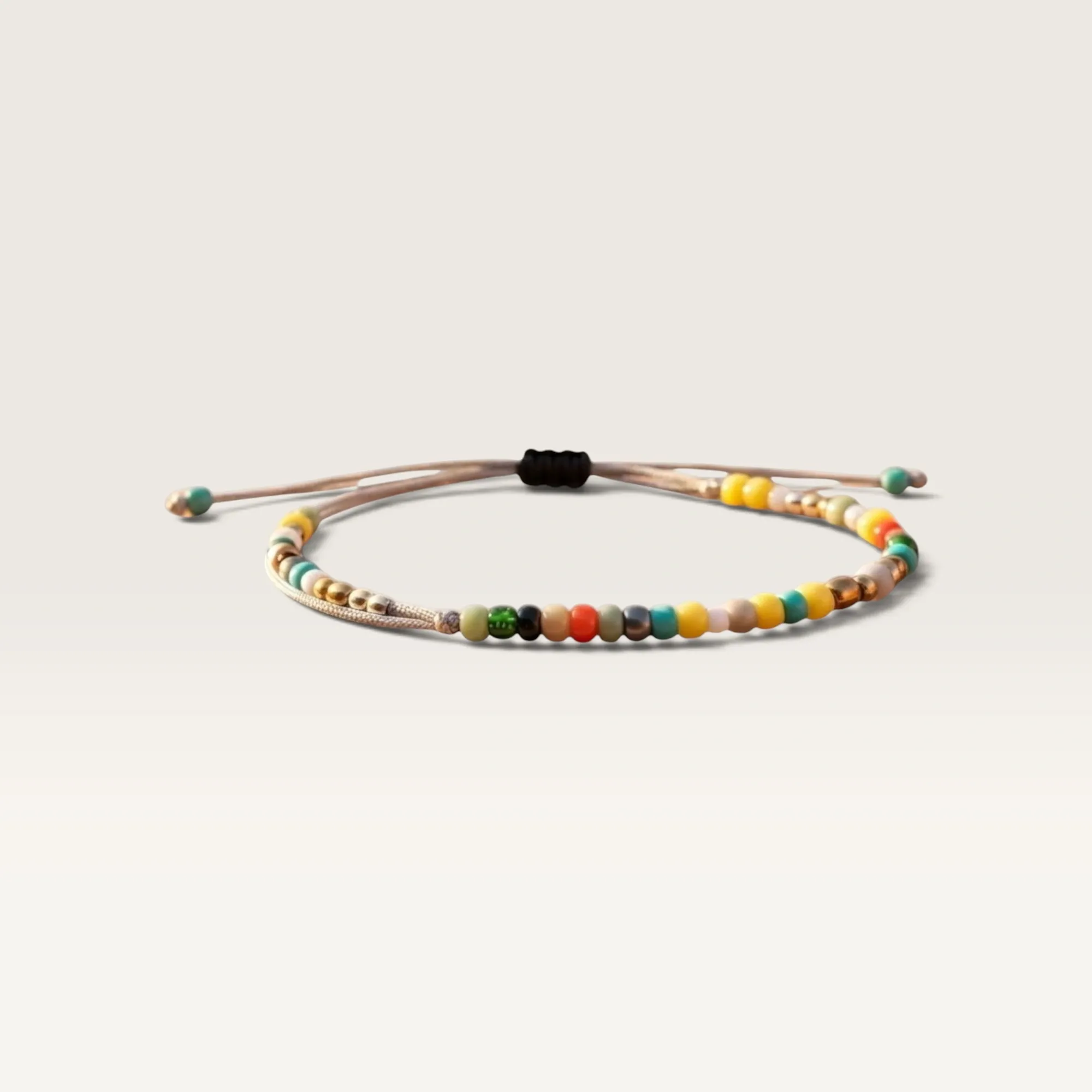 Beige Cord Bracelet with Multicolor Bead Row Handmade and Adjustable