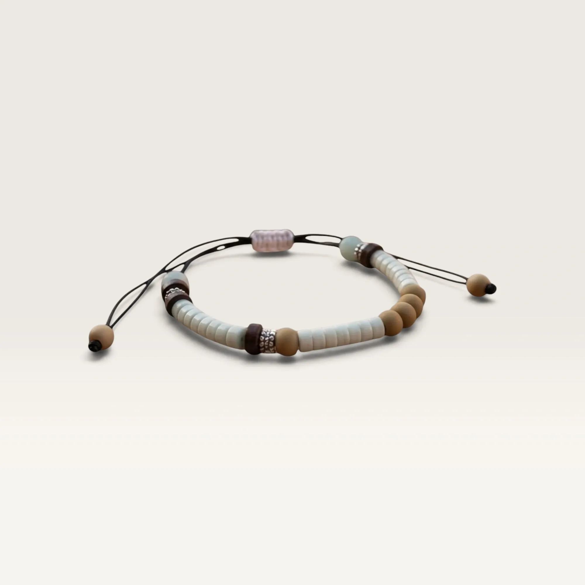 Black Cord Bracelet with Grey and Beige Beads for Everyday Wear