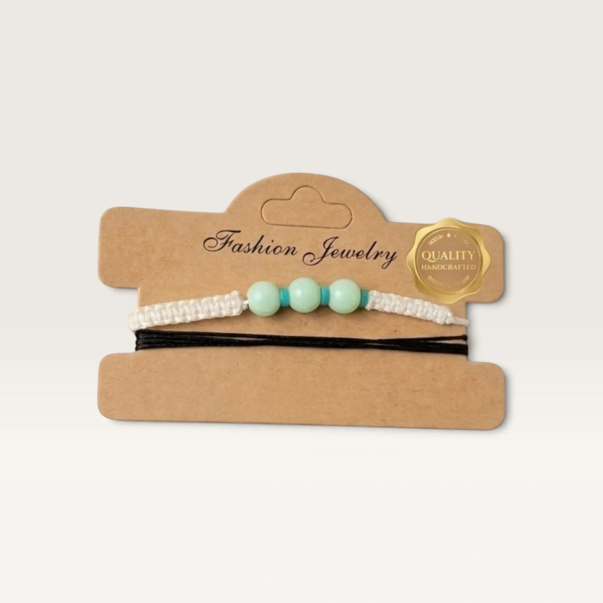 White Cord Bracelet Set with Turquoise Bead Row Handmade and Adjustable