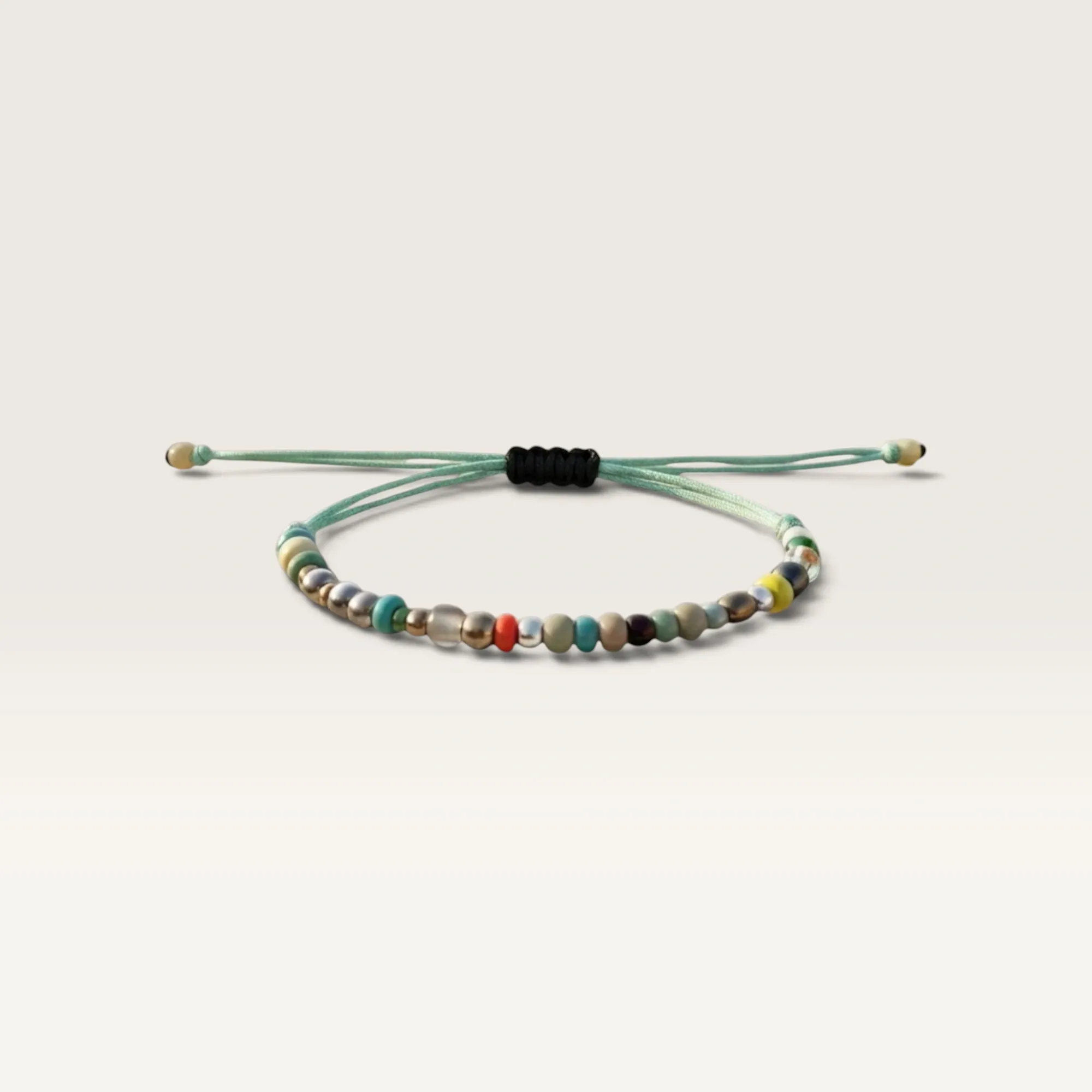 Mint Cord Bracelet with Multicolor Bead Row Handmade and Adjustable