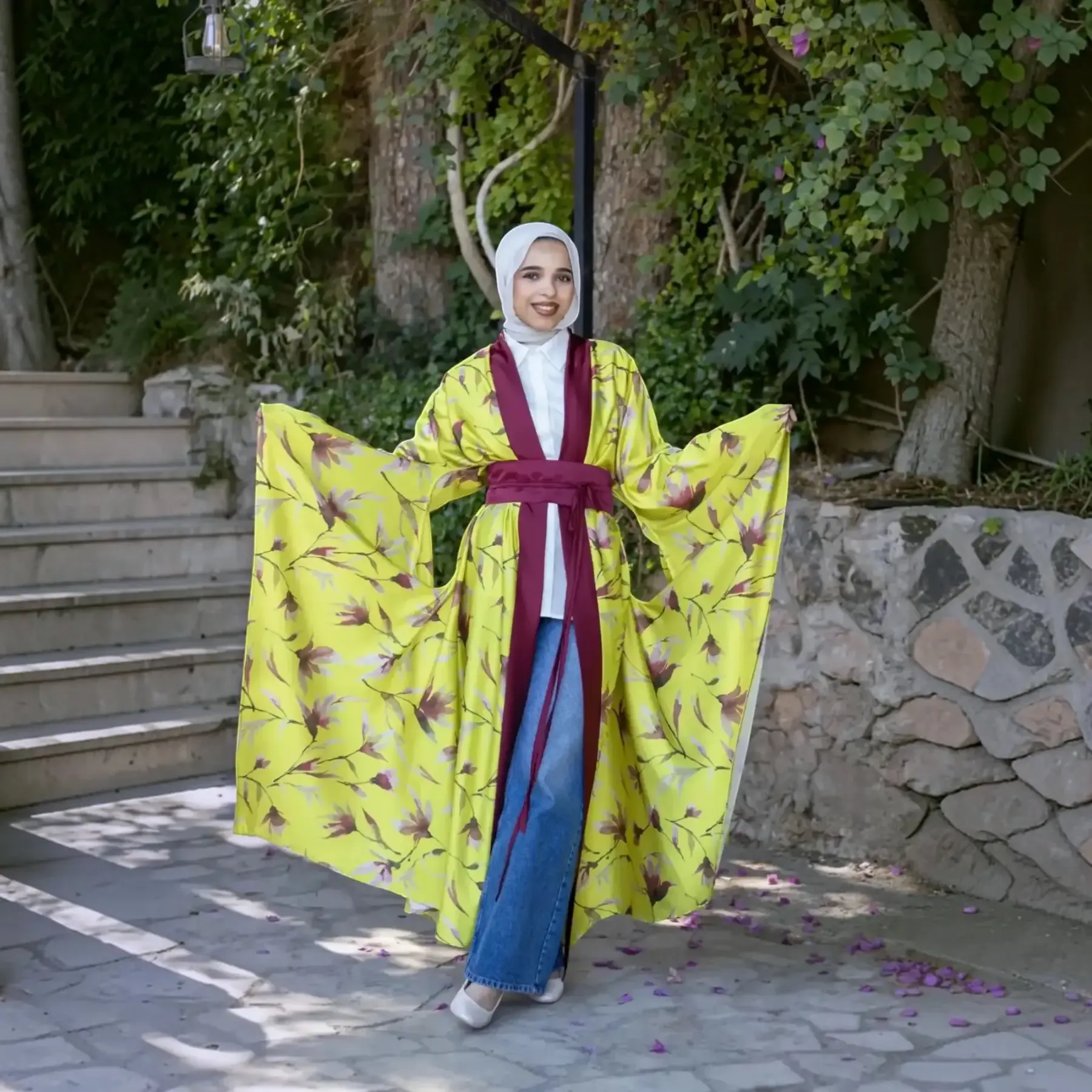 Printed Silk Satin Kimono with Burgundy Belt