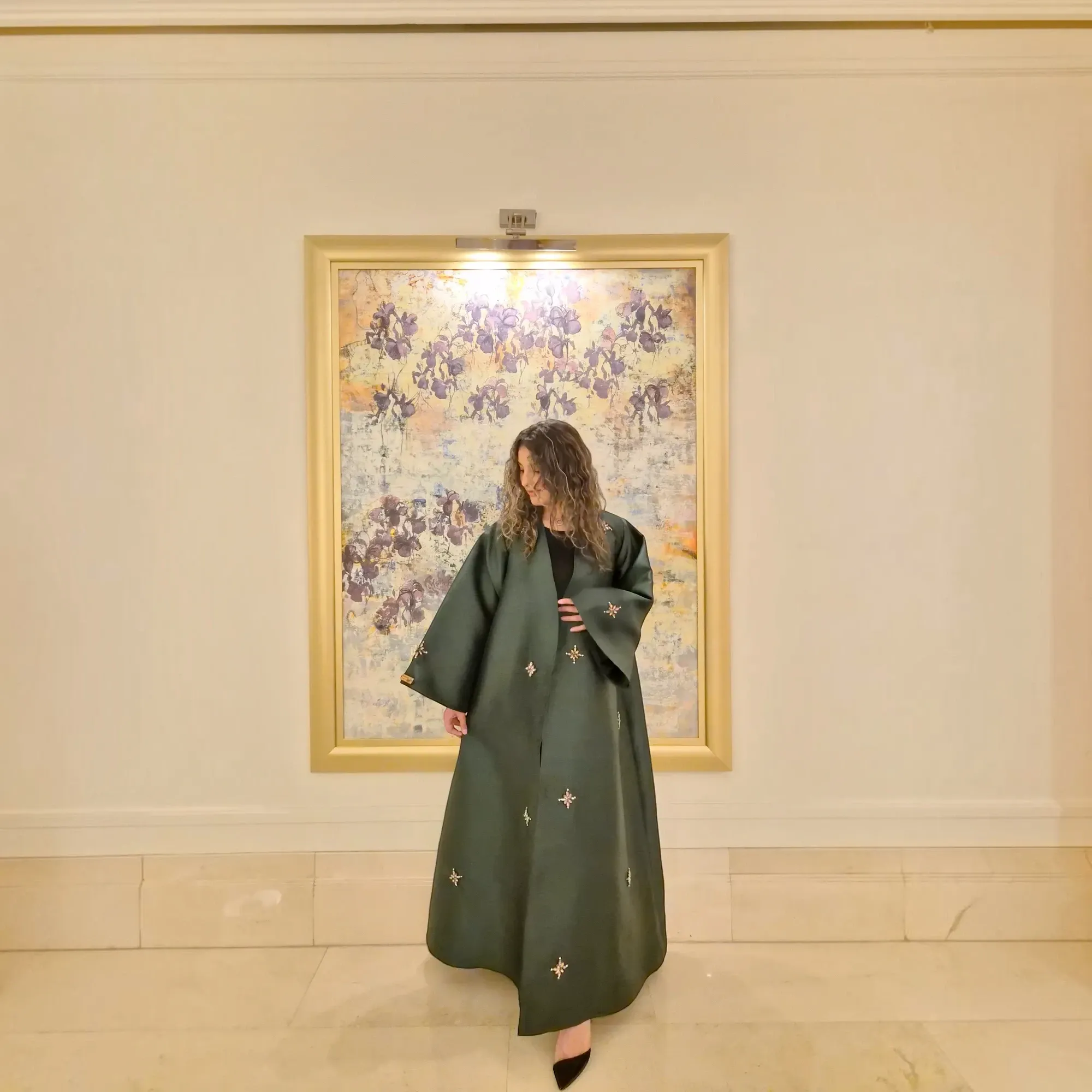 Dark Green Taffeta Abaya with Embroidered Stars