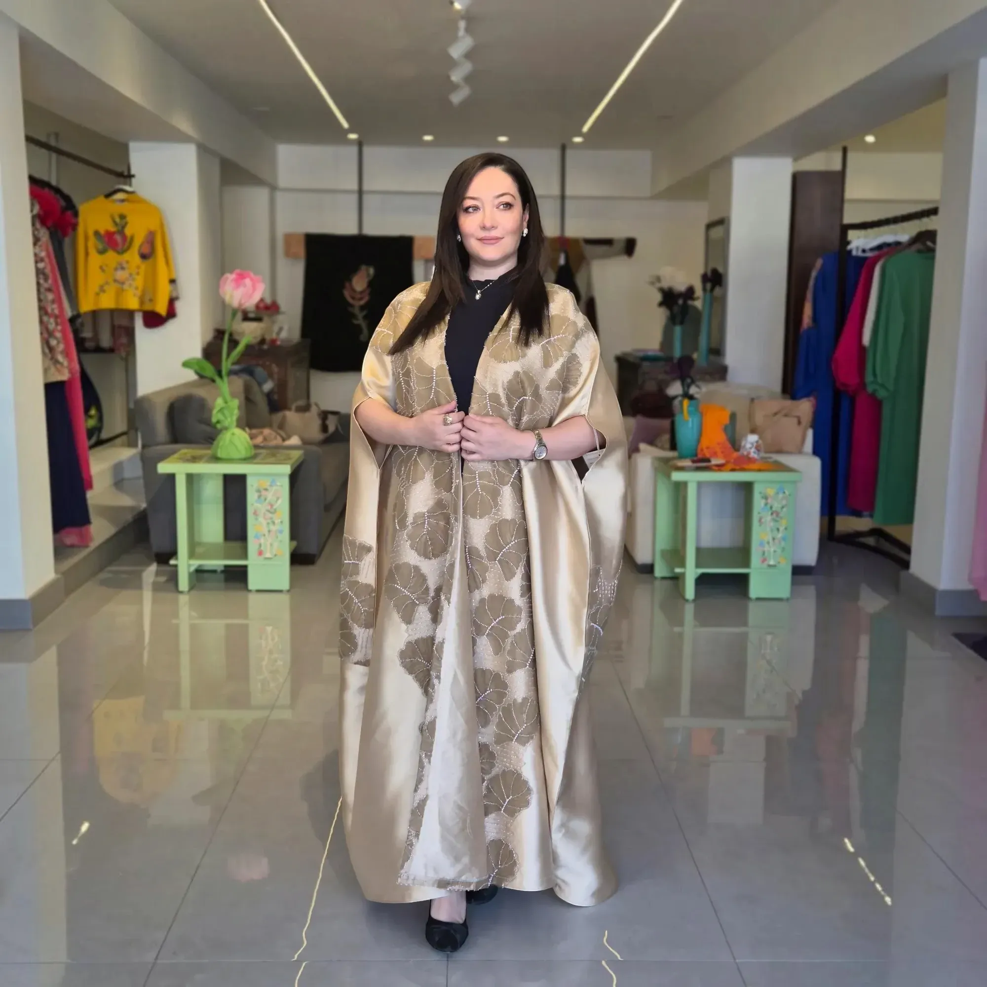 Gold Taffeta Satin Abaya with 3D Floral Details