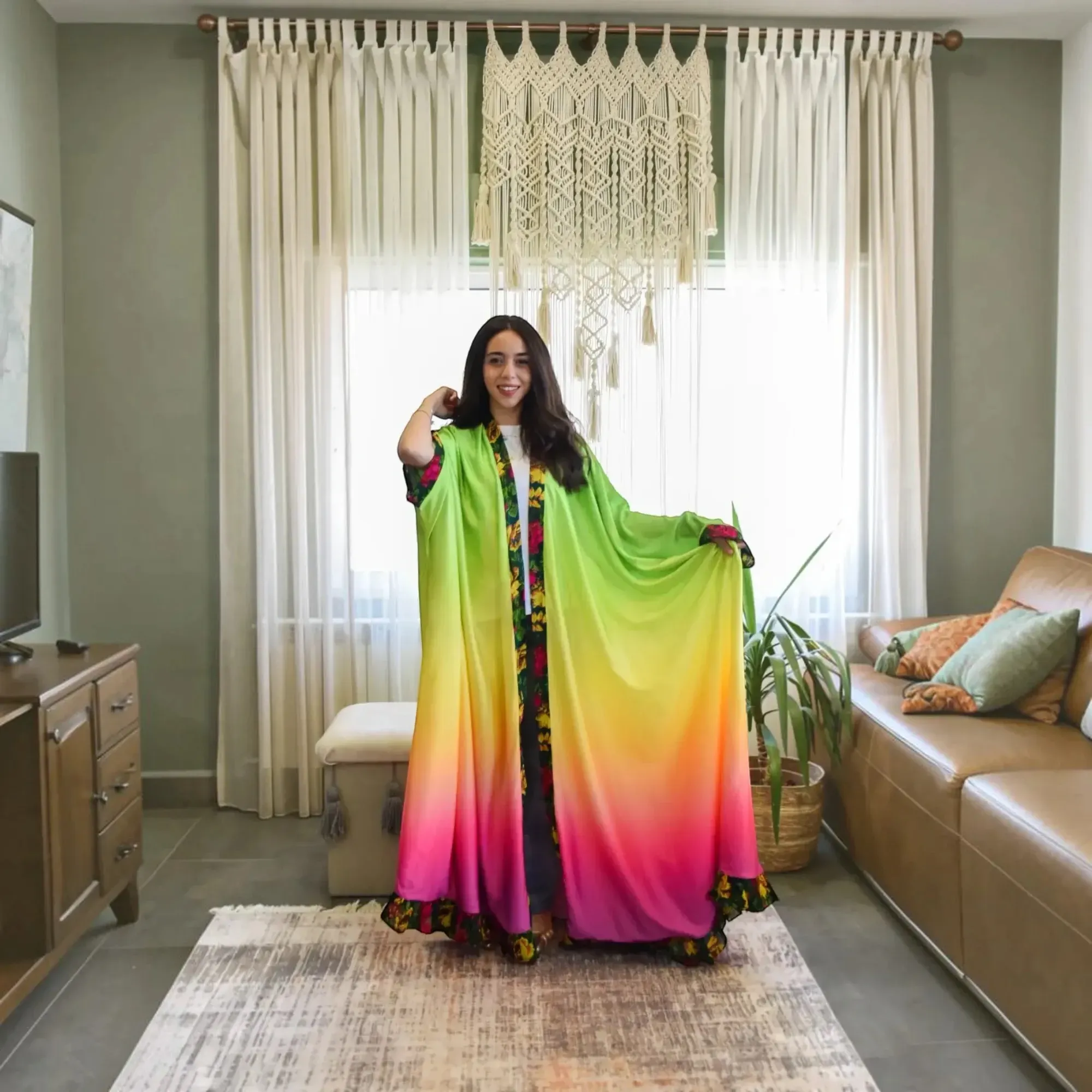 Multicolor Silk Satin Abaya with Flowing Finish