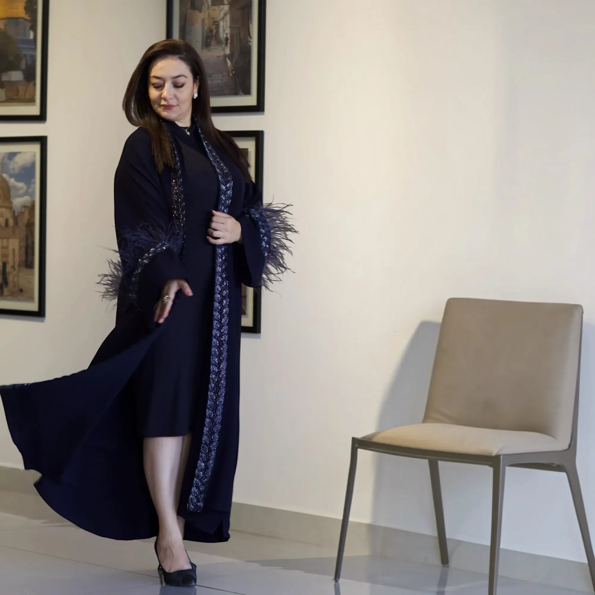 Georgette Abaya with Beadwork and Feather Details