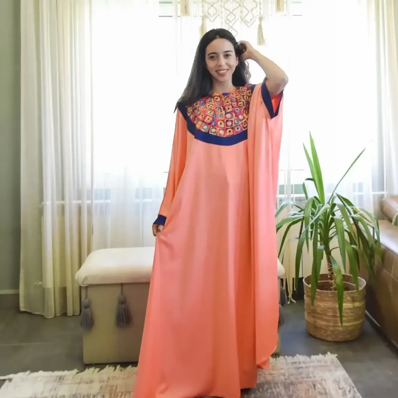 Wide-Cut Satin Dress with Embroidered Details
