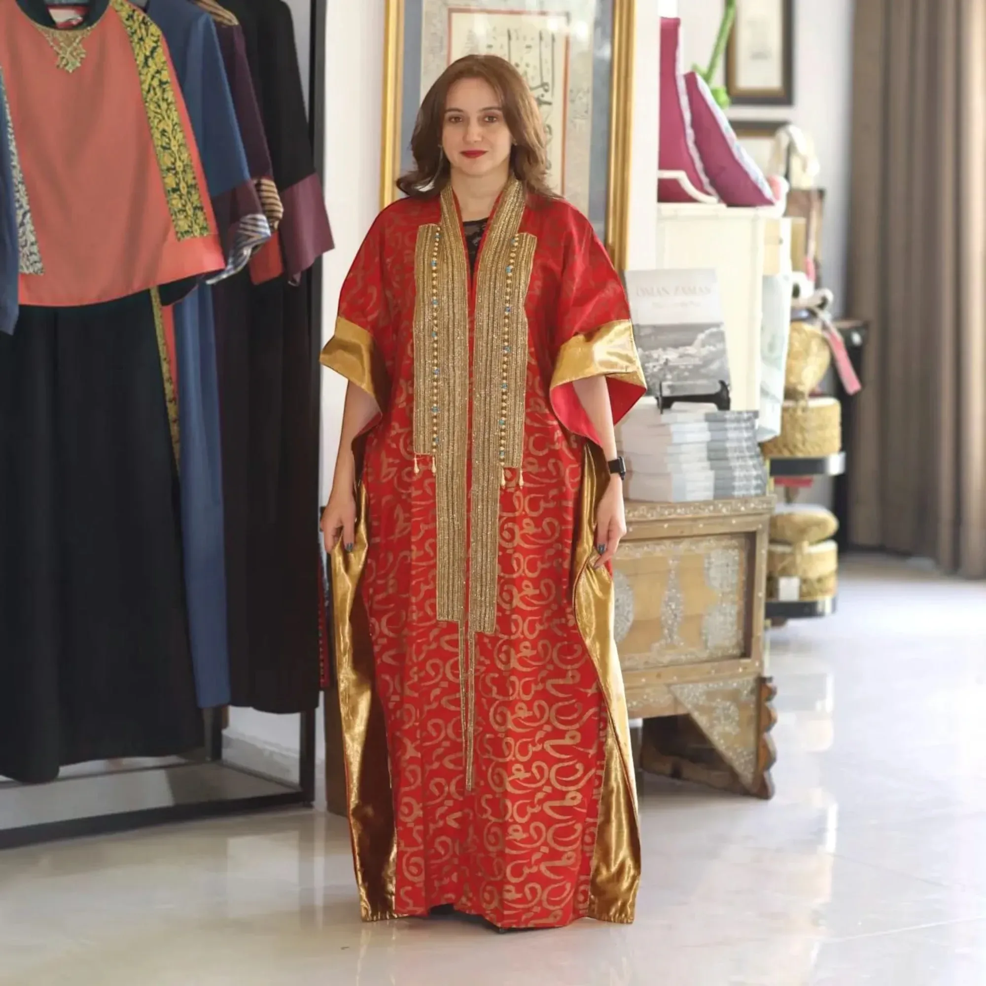 Red and Gold Abaya with Arabic Letter Design