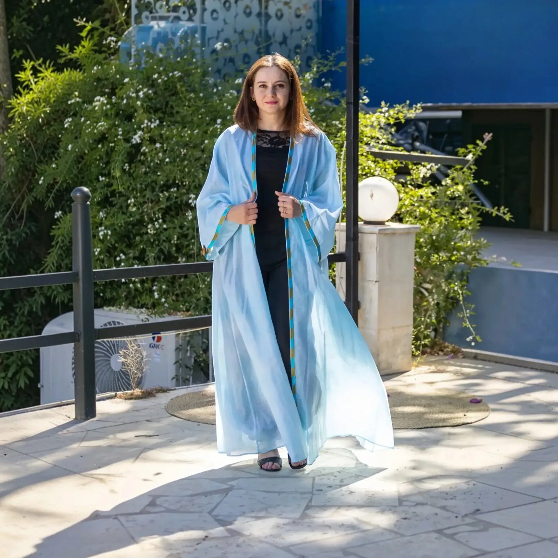 Sky Blue Lightweight Abaya with Contrast Trim