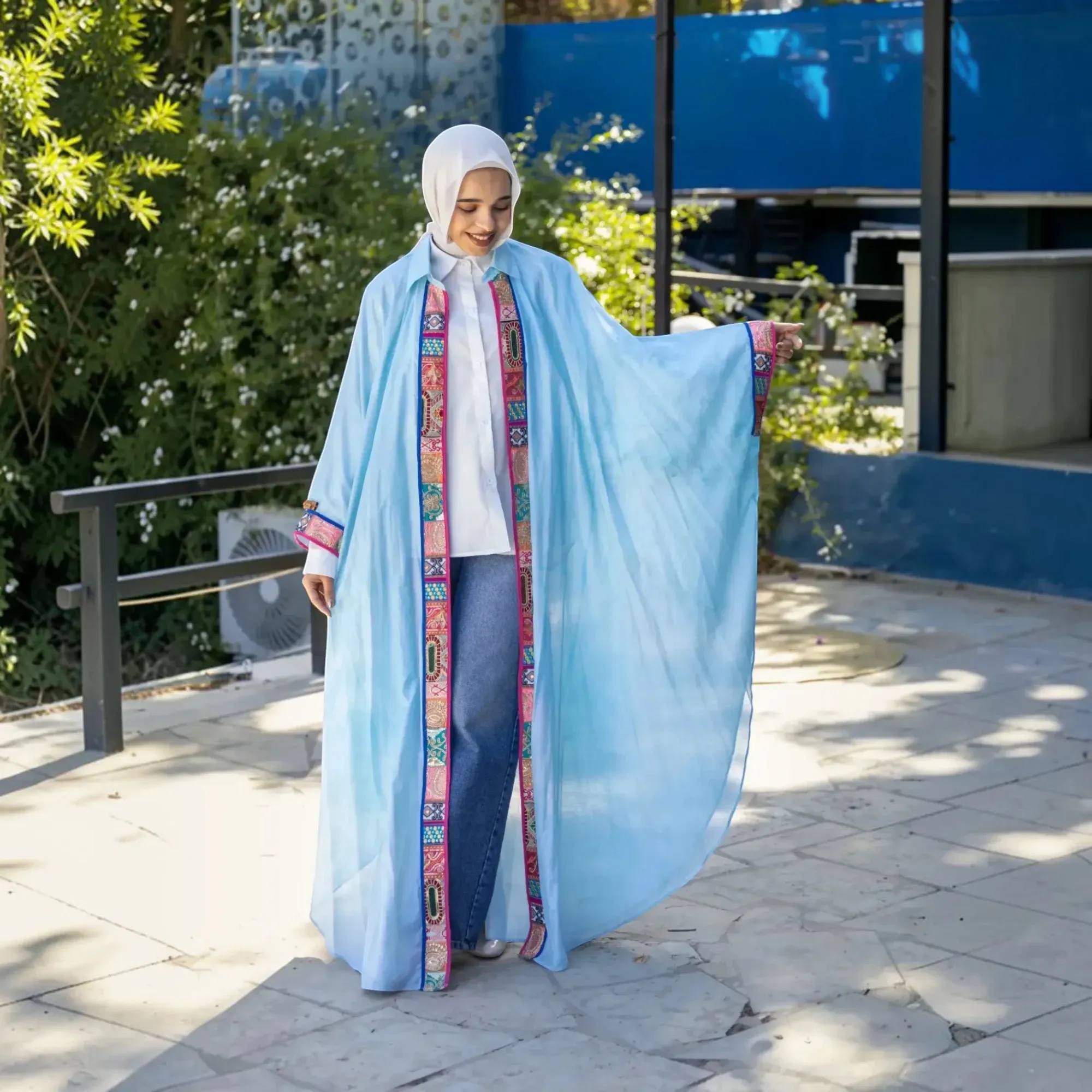 Sky Blue Light Abaya with Patchwork Trim