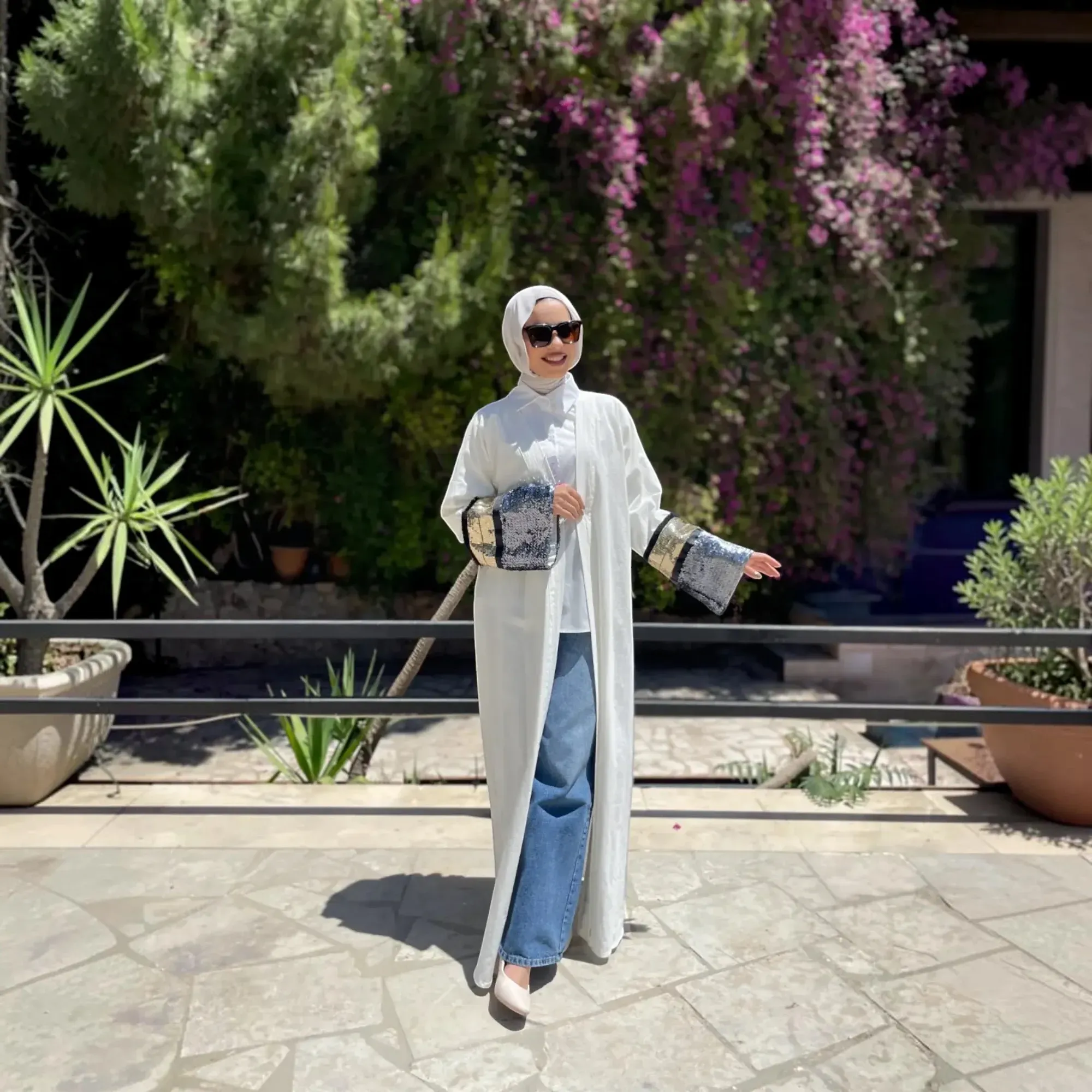 Elegant Flowing Abaya with Statement Sequin Cuffs