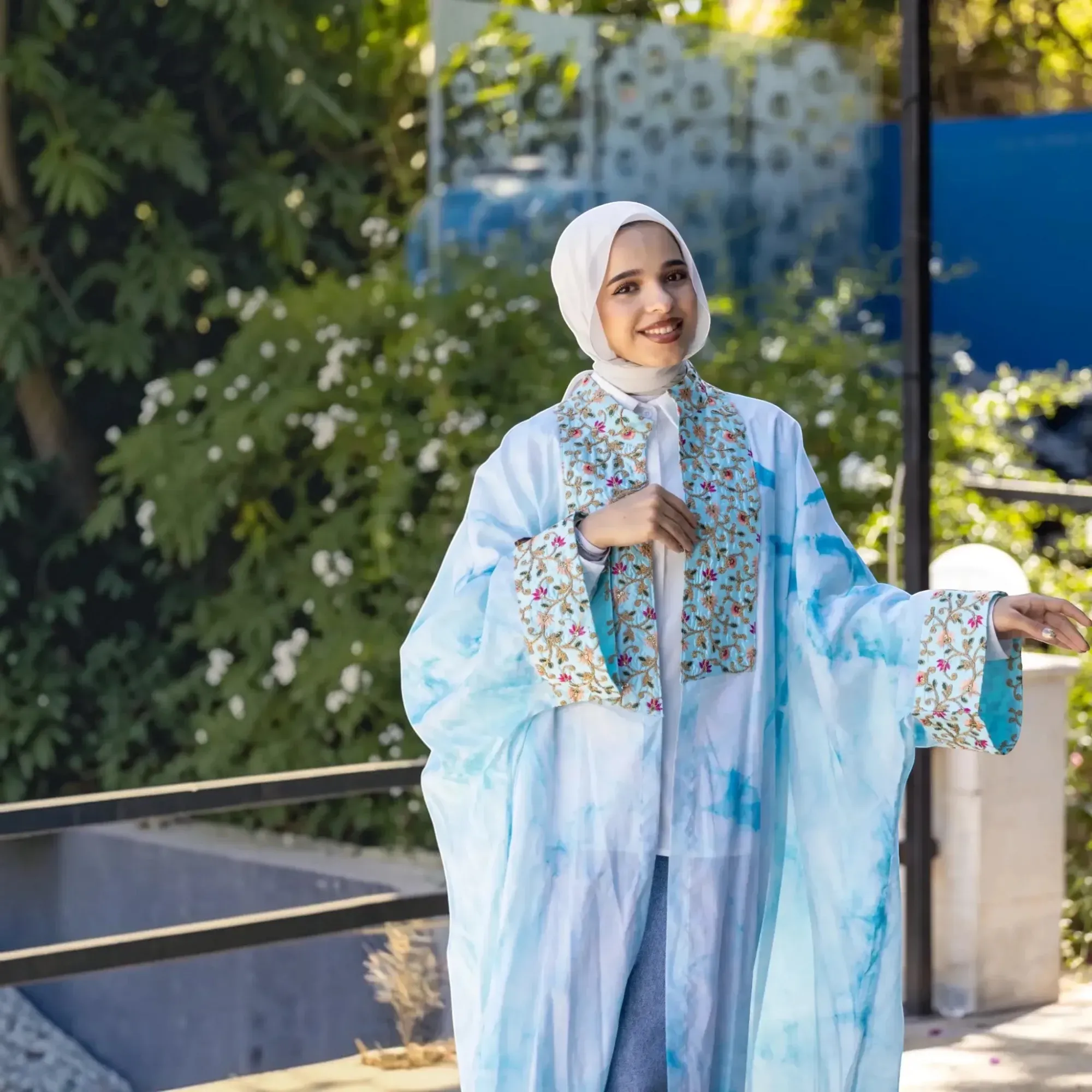 Blue Tie-Dye Light Abaya with Floral Trim