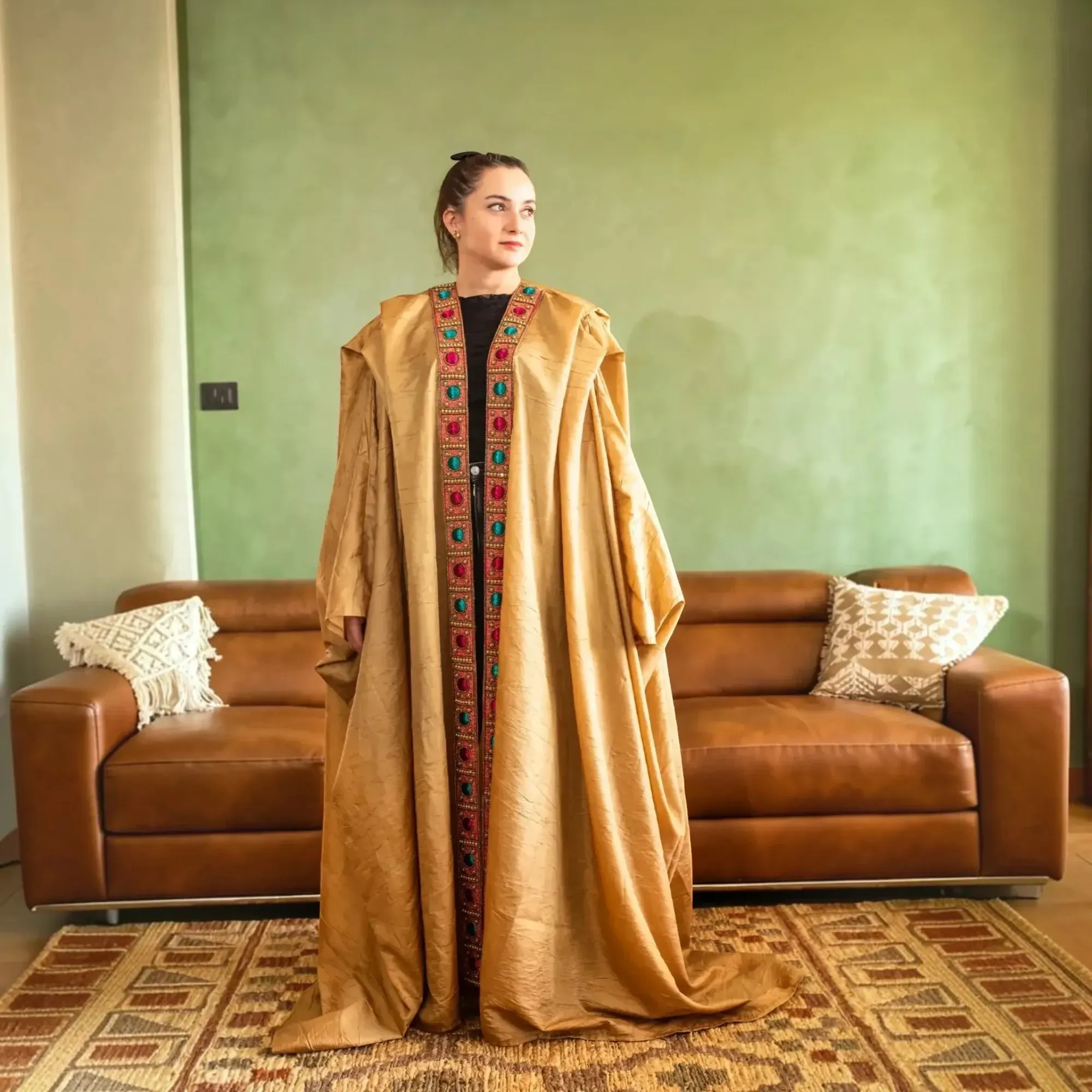 Gold Taffeta Flowing Abaya with Hand Embroidery