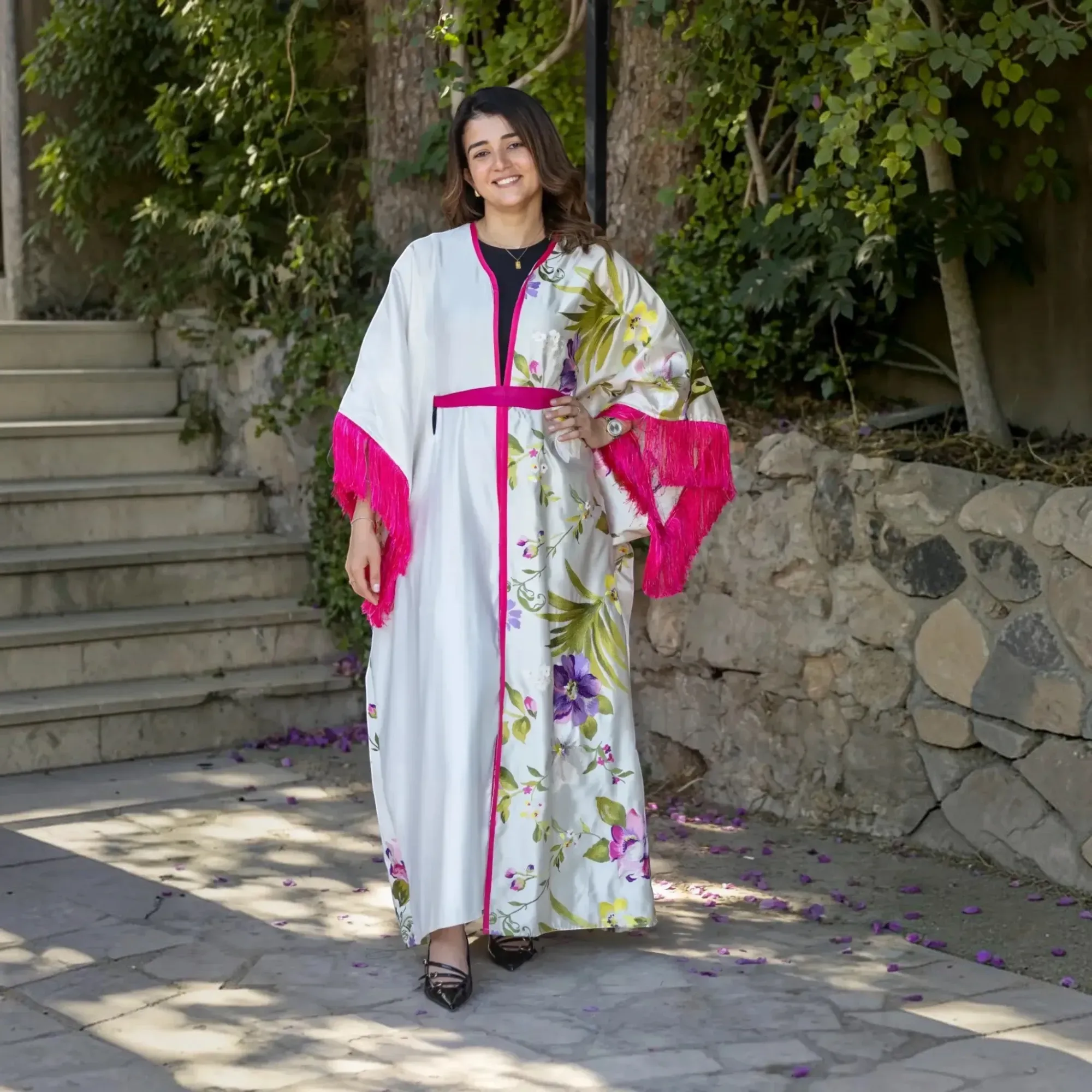 Heavy Satin Abaya with Jacquard Floral Panels