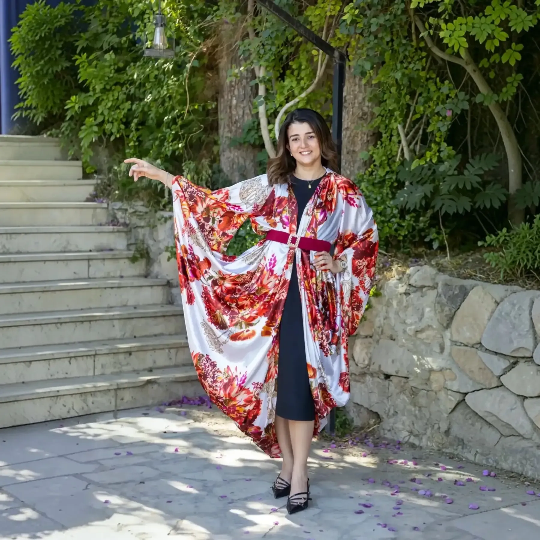 Rose Satin Silk Abaya with Coordinating Belt