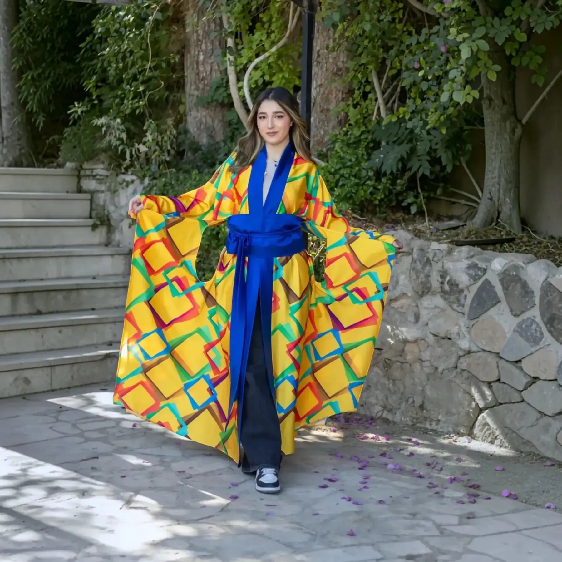 Printed Silk Satin Kimono with Wide Navy Obi Belt