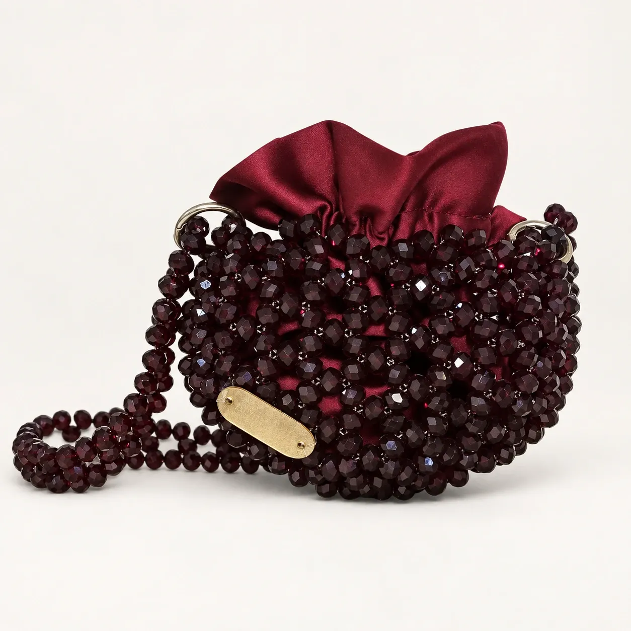 Handmade Burgundy Glass Crystal Bead Drawstring Bag