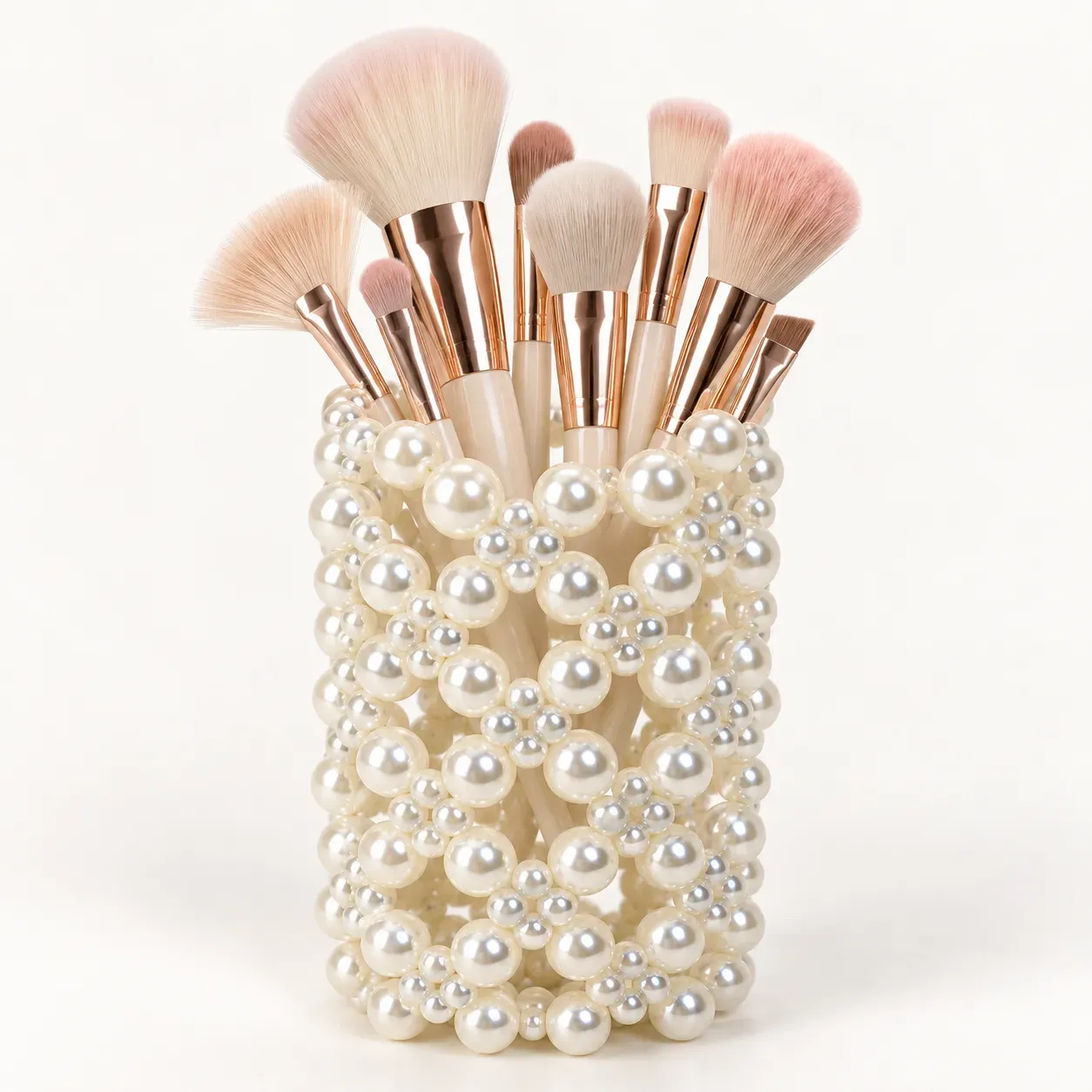 Handmade Ivory Pearl Beaded Makeup Brush Holder Organizer