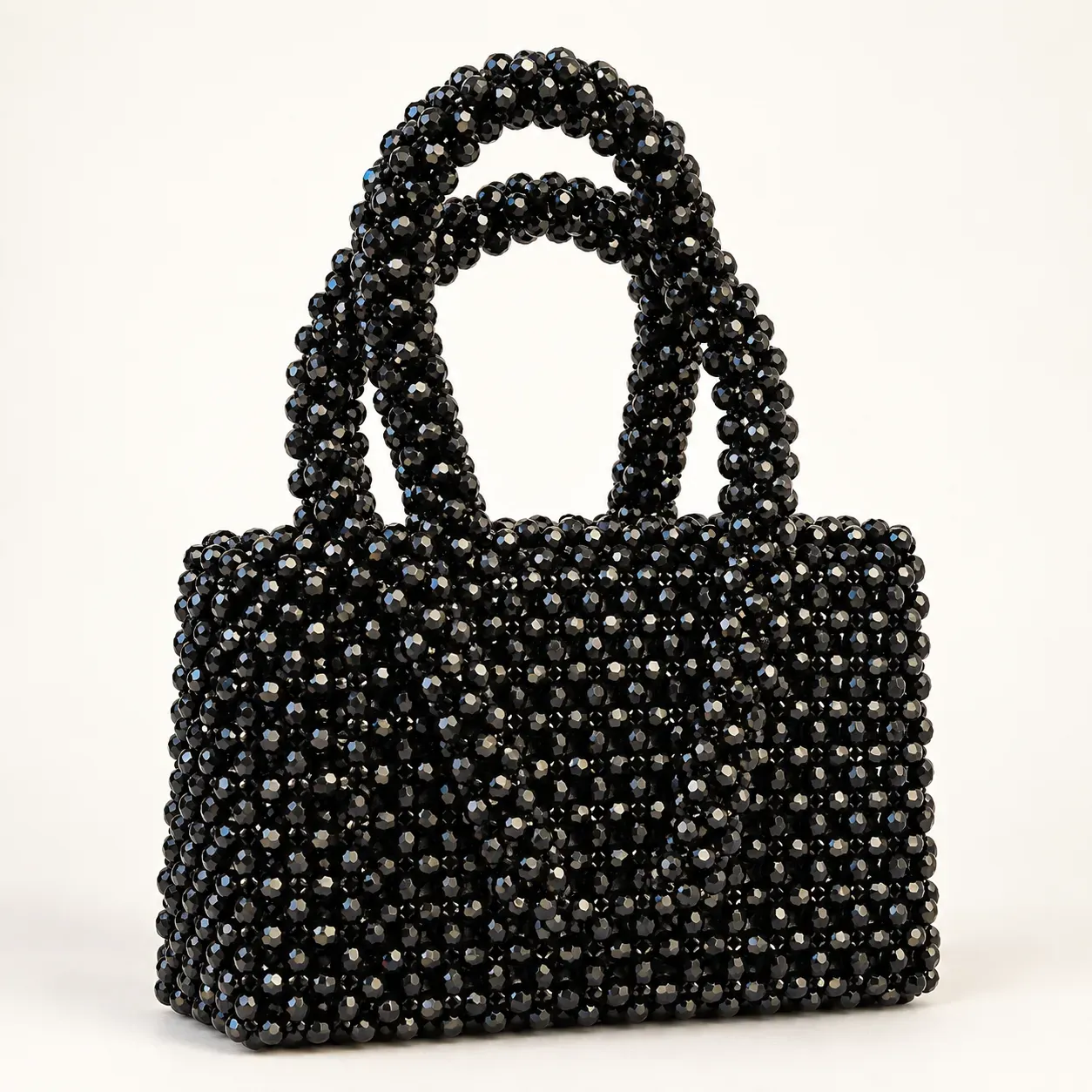 Handmade Black Crystal Beaded Handbag with Double Handles