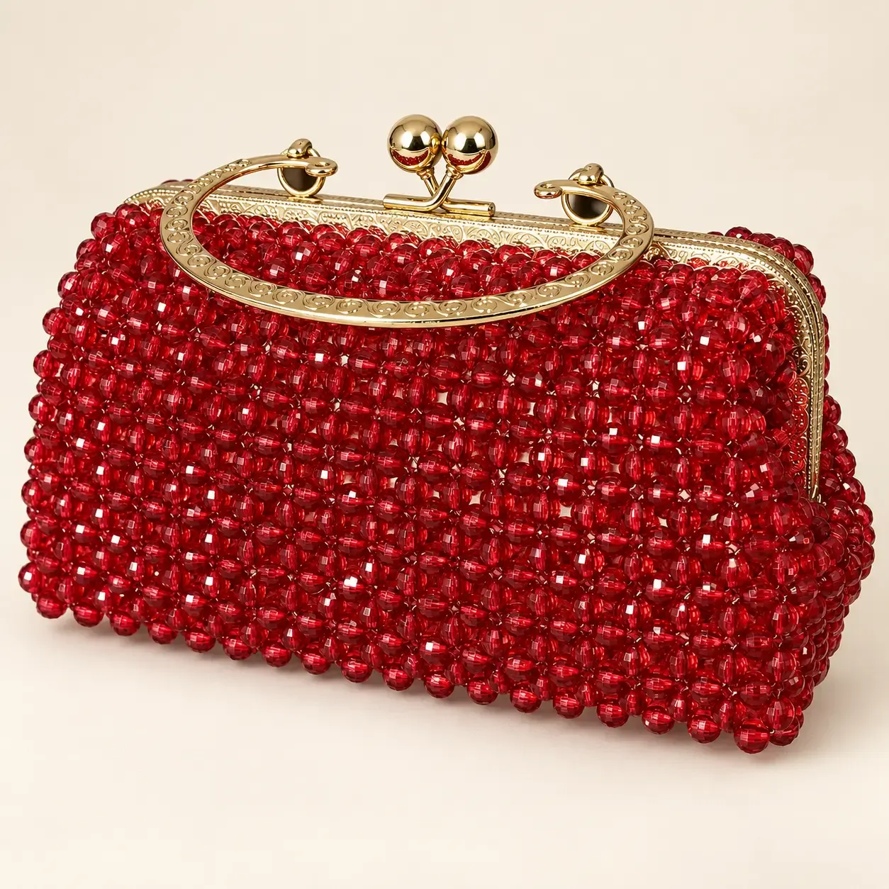 Handmade Red Crystal Beaded Metal-Frame Bag