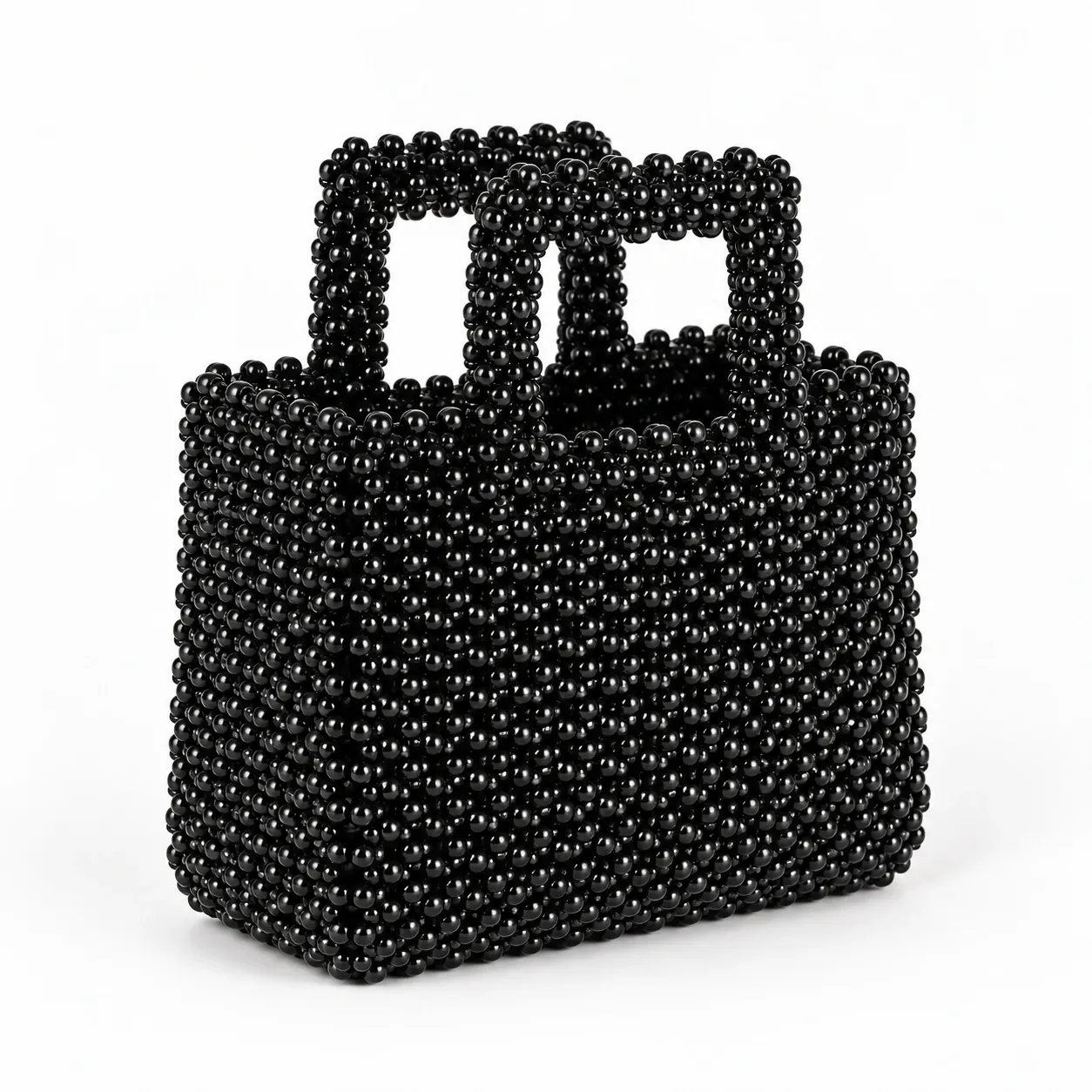 Handmade Black Pearl Beaded Bag with Square Cutout Handle