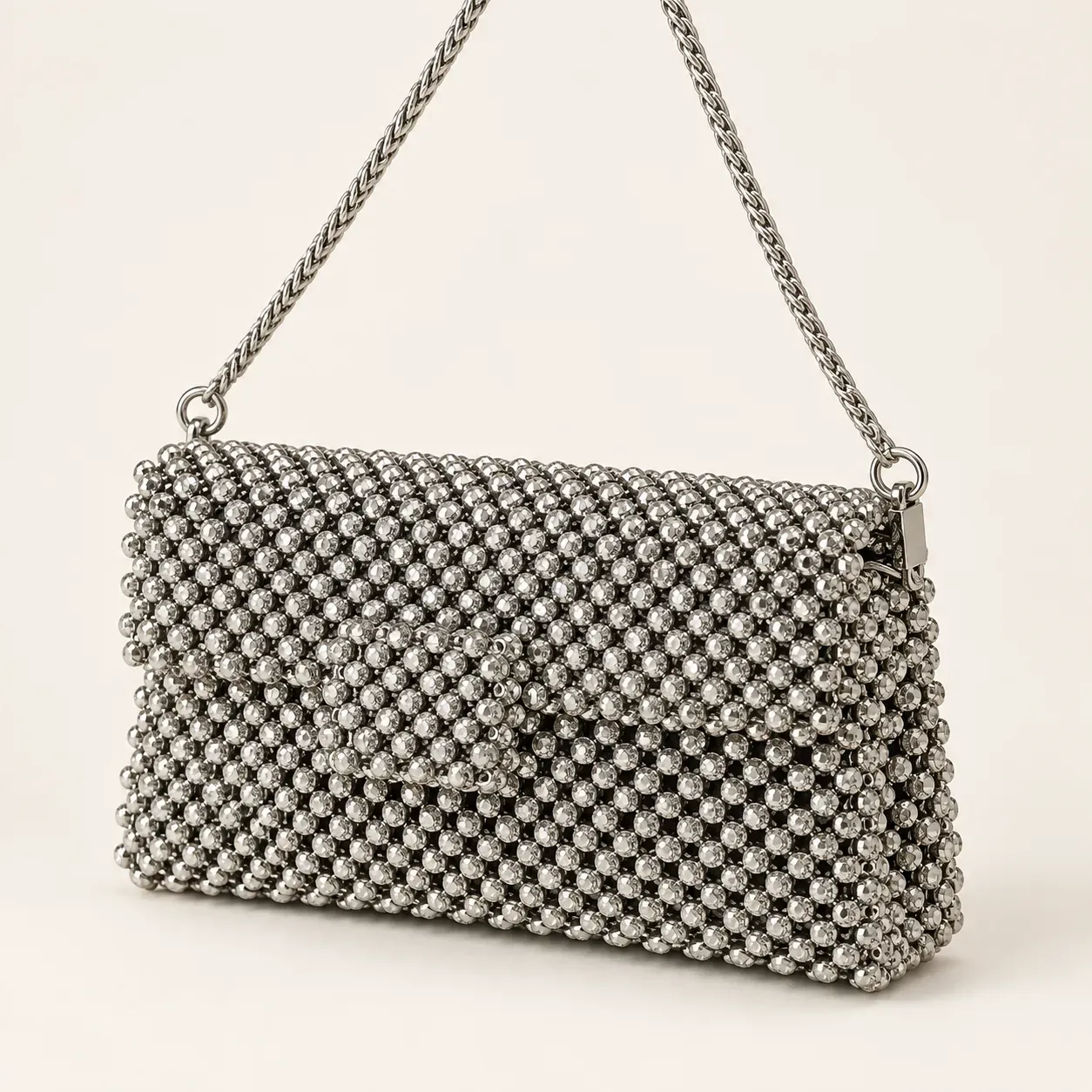 Handmade Elegant Silver Pearl Beaded Shoulder Bag