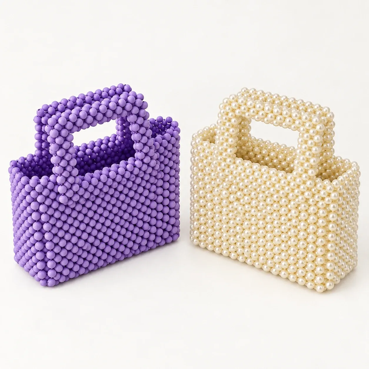 Handmade Pearl Beaded Square-Handle Bag in Two Colors