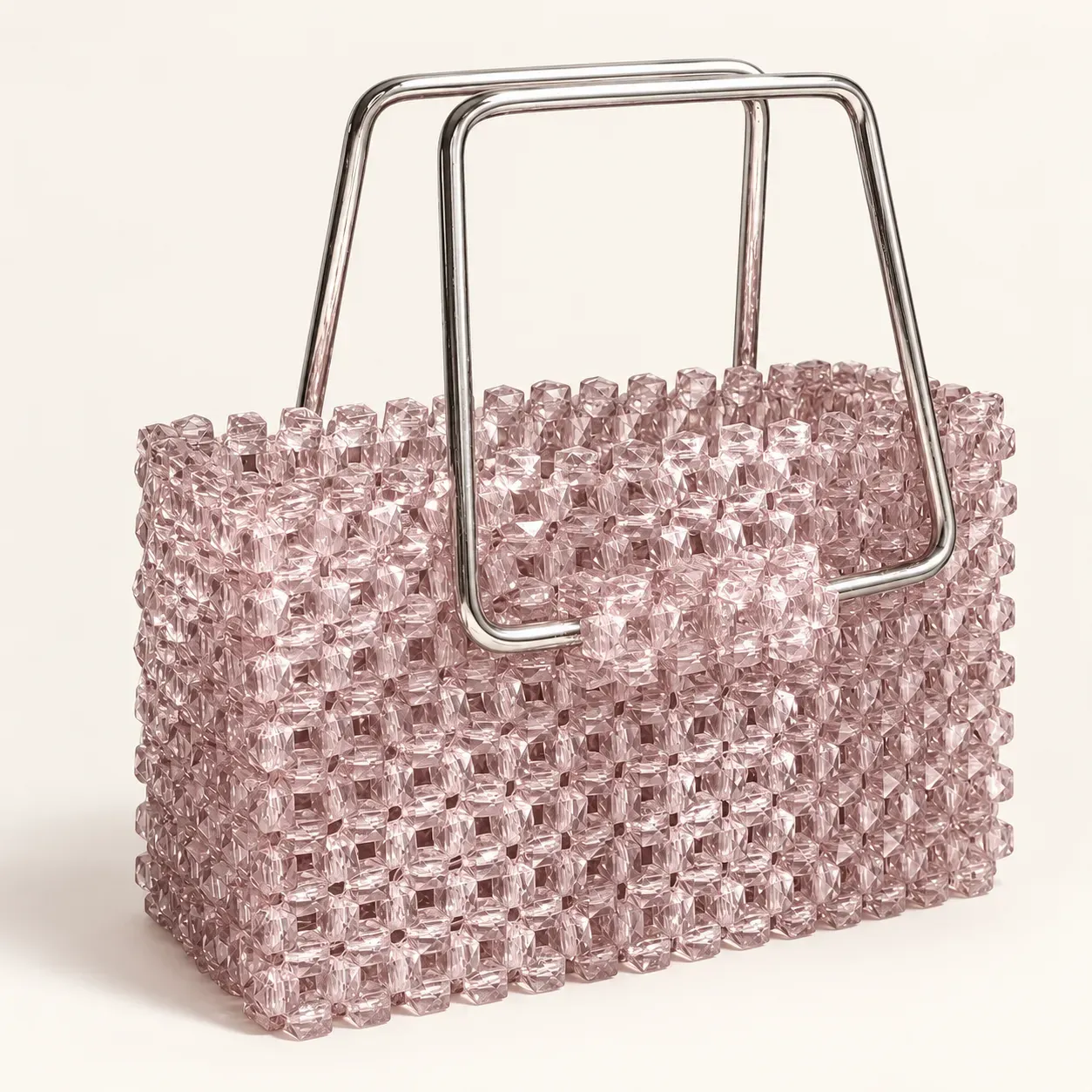 Handmade Silver Crystal Beaded Bag with Metal Handle