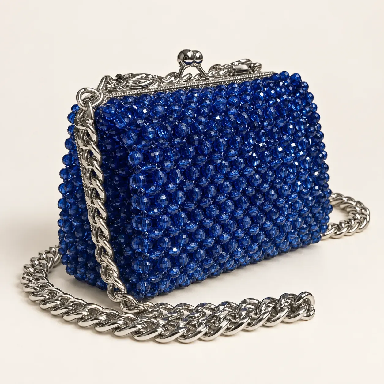 Handmade Navy Crystal Beaded Metal-Frame Handbag