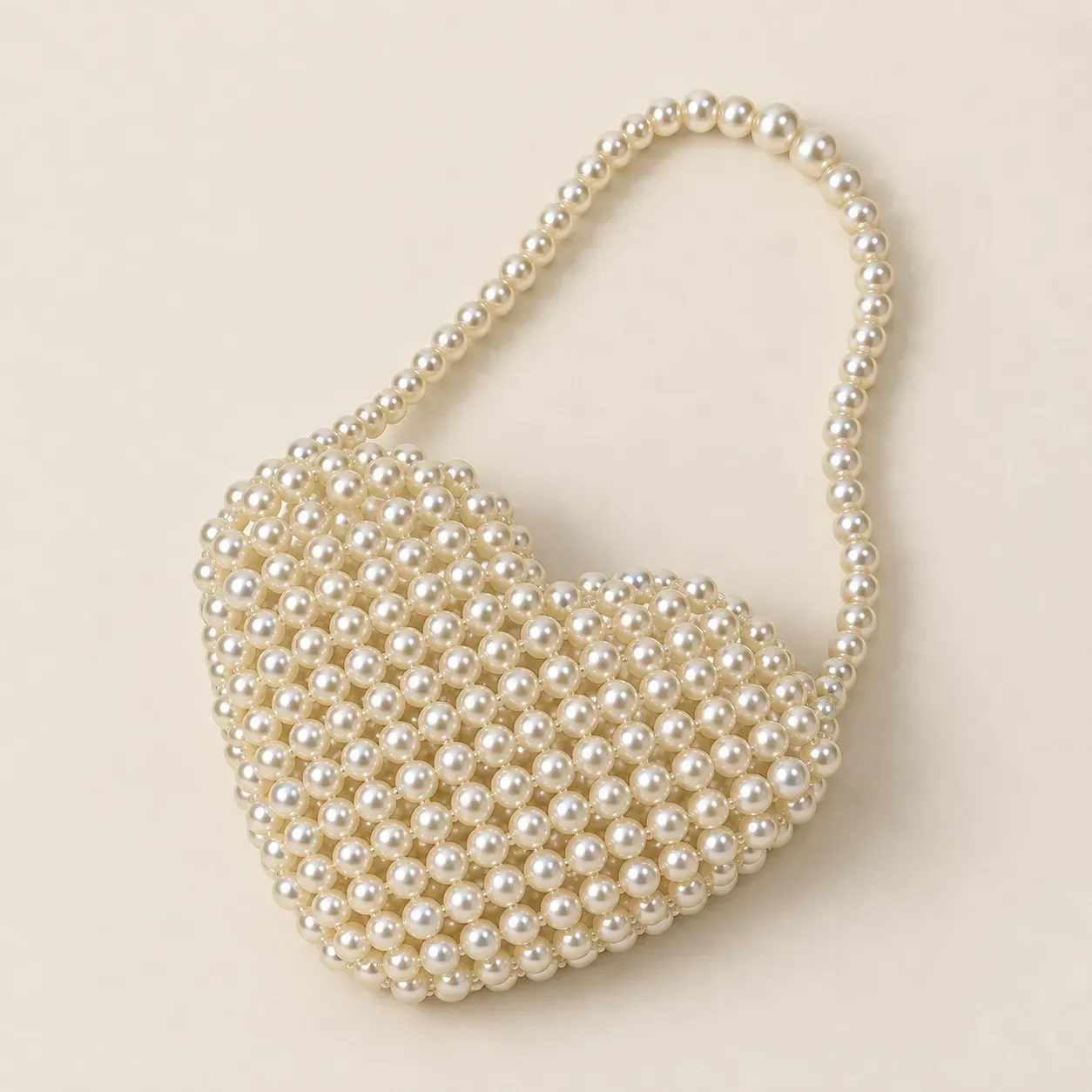 Handmade Off-White Pearl Beaded Heart-Shaped Handbag