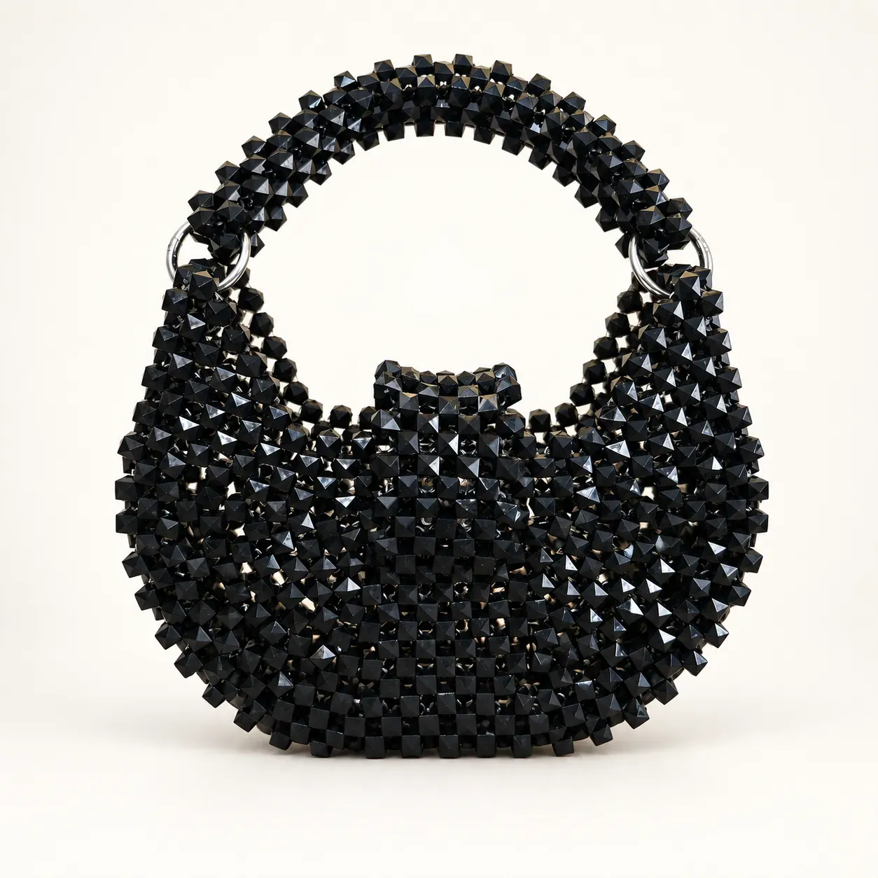 Handmade Black Crystal Beaded Crescent Handbag