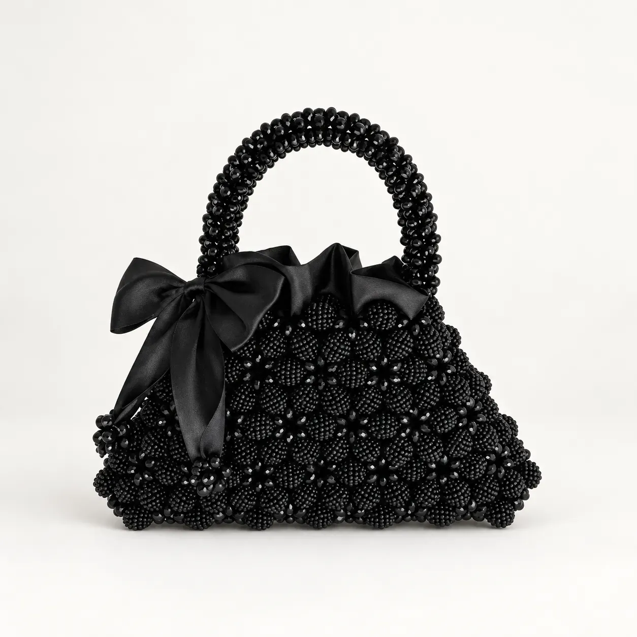 Handmade Black Floral Beaded Handbag with Satin Bow