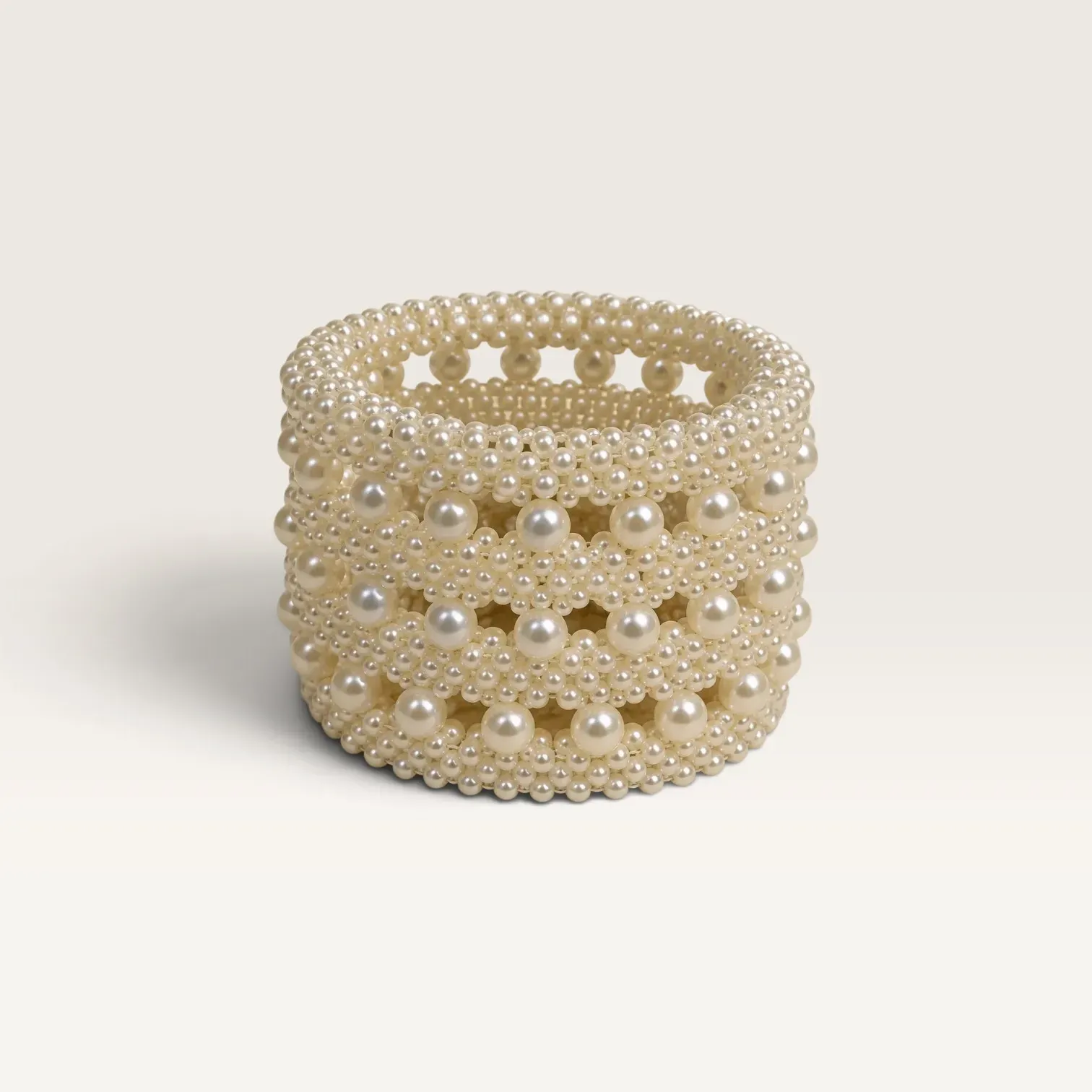 Handmade Ivory Pearl Beaded Round Serving Basket
