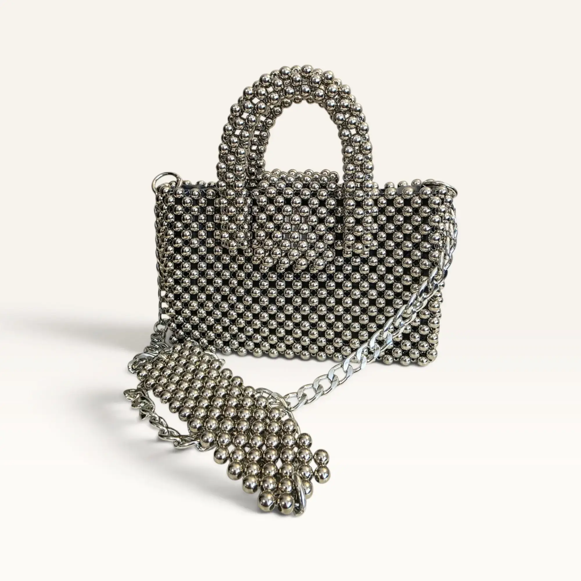 Silver Pearl Bead Handbag with Wide Handle & Chain