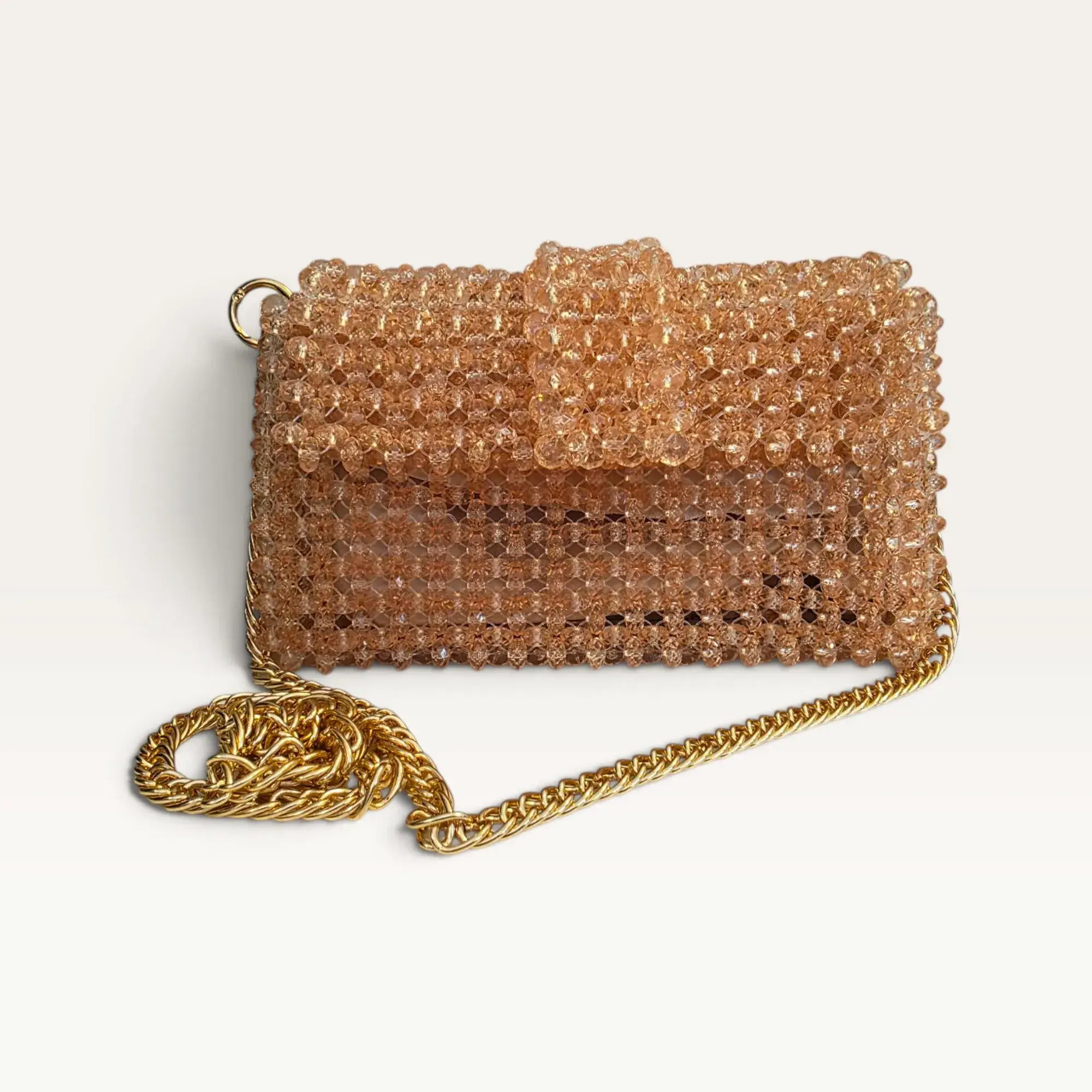 Peach Beaded Shoulder Bag with Gold Chain Strap